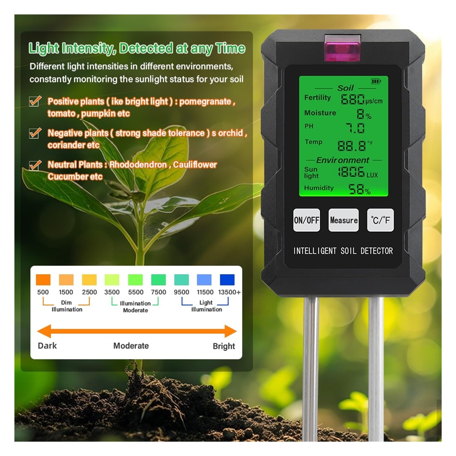 Humidimètre pour Sol, Testeur numérique Multifonction 6 en 1 de pH/température/humidité du Sol, Outil de Jardinage pour Le Jardinage et l'agriculture