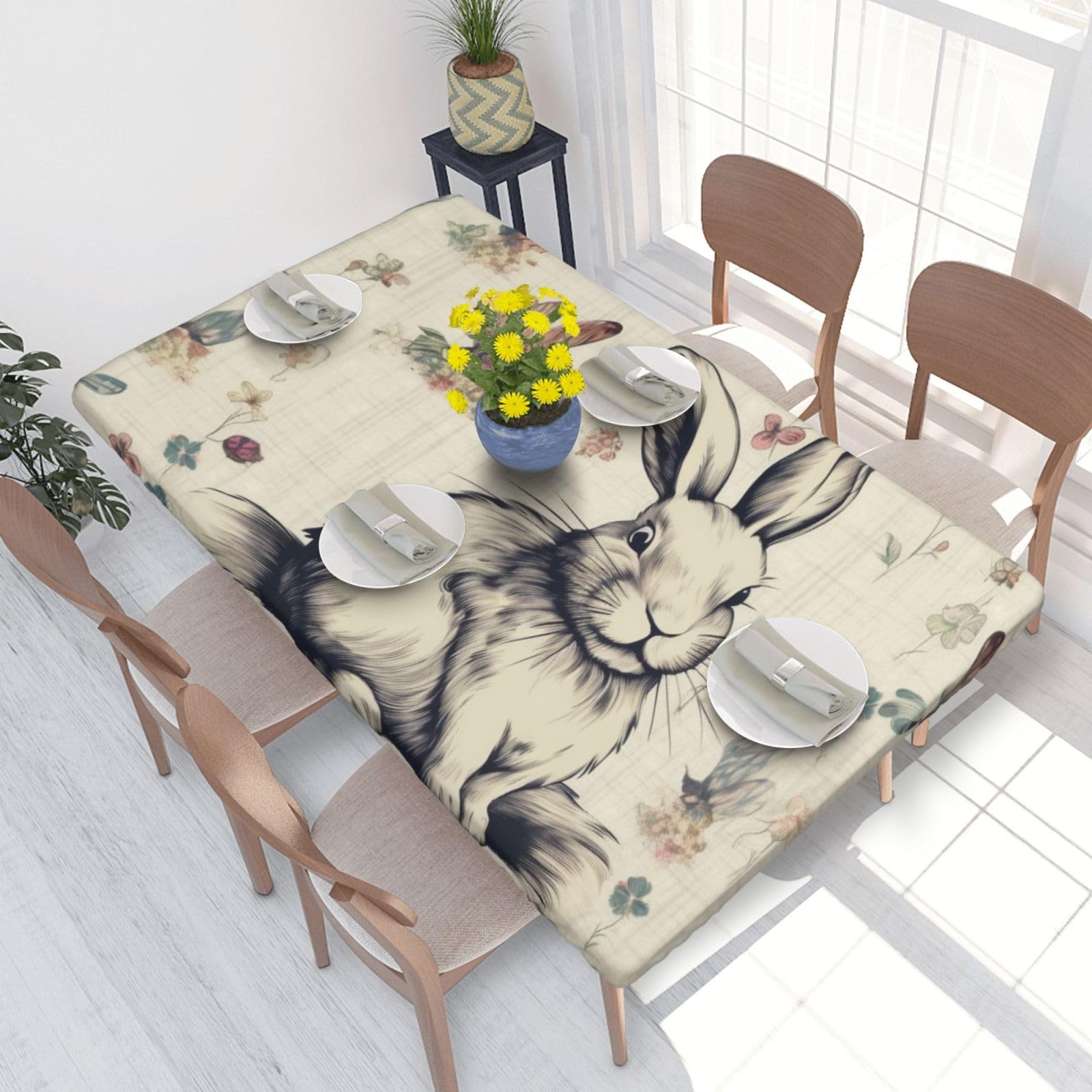 DCARSETCV Rabbit background Printed 4FT Waterproof Tablecloth with Elastic Edged Protect & Decor Your Table, Oil-proof Washable Table Cloth Cover for Dinner Picnic Party