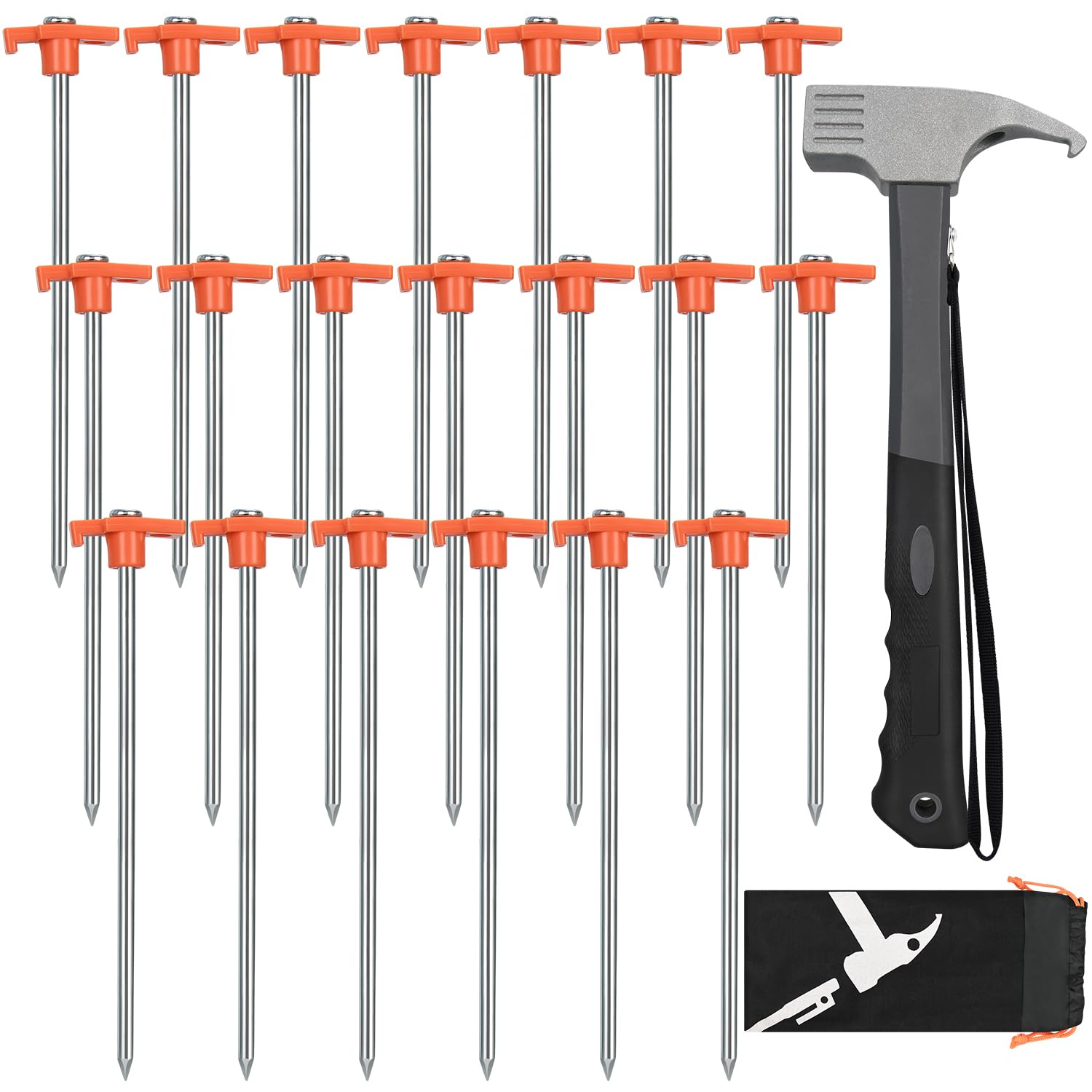 Set di 20 picchetti e martello resistenti da 25,4 cm, con custodia per riporre tende, teloni, teloni, tettoie, picnic, ombra (confezione da 20 picchetti da 25,4 cm + martello da 0,5 kg)