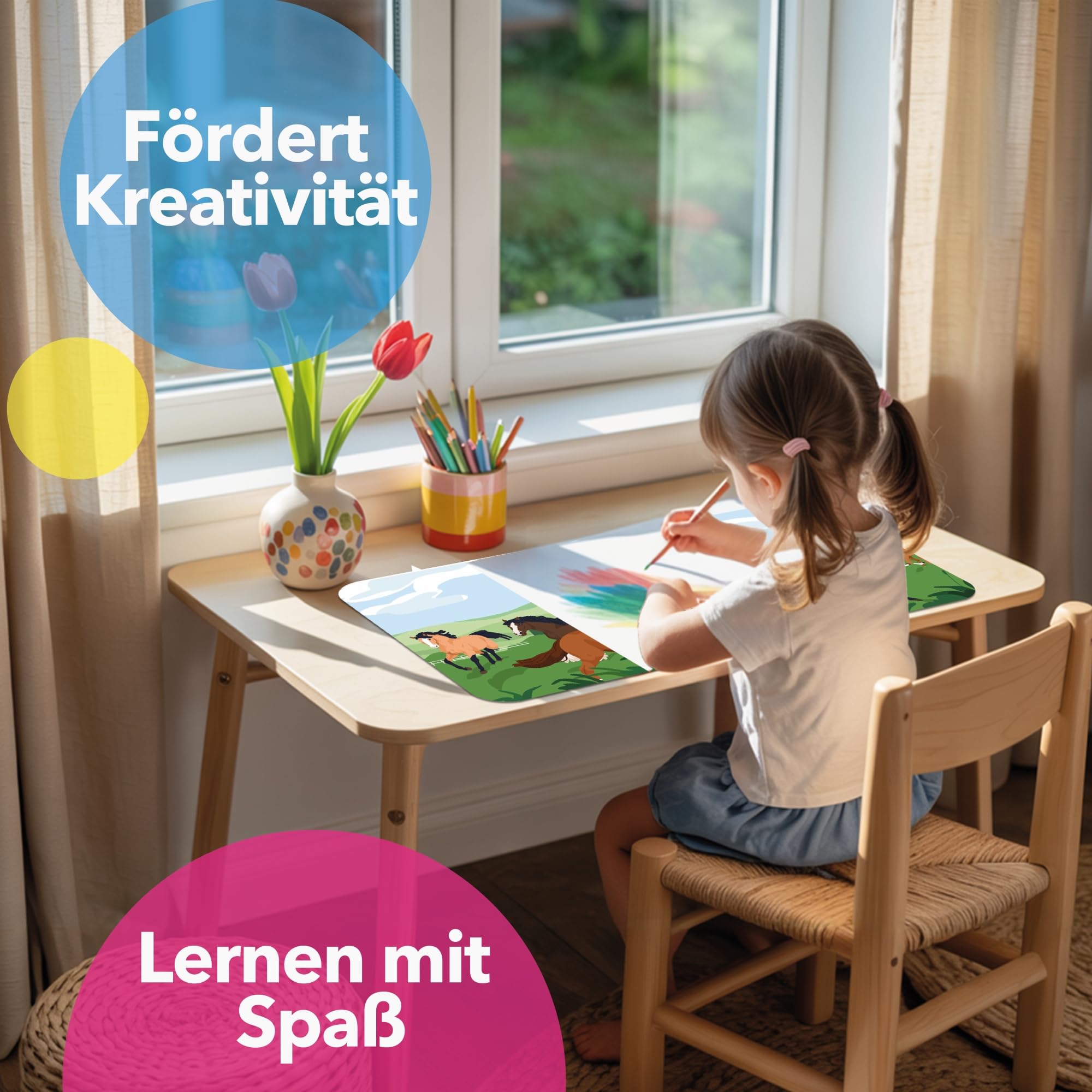 Lineo Kids Desk Mat Water-Resistant Desk Pad for Children, Educational Writing Surface, Non-Slip Craft Mat, Drawing and Study Desk Protector (Horses 70x40 cm) - Image 4