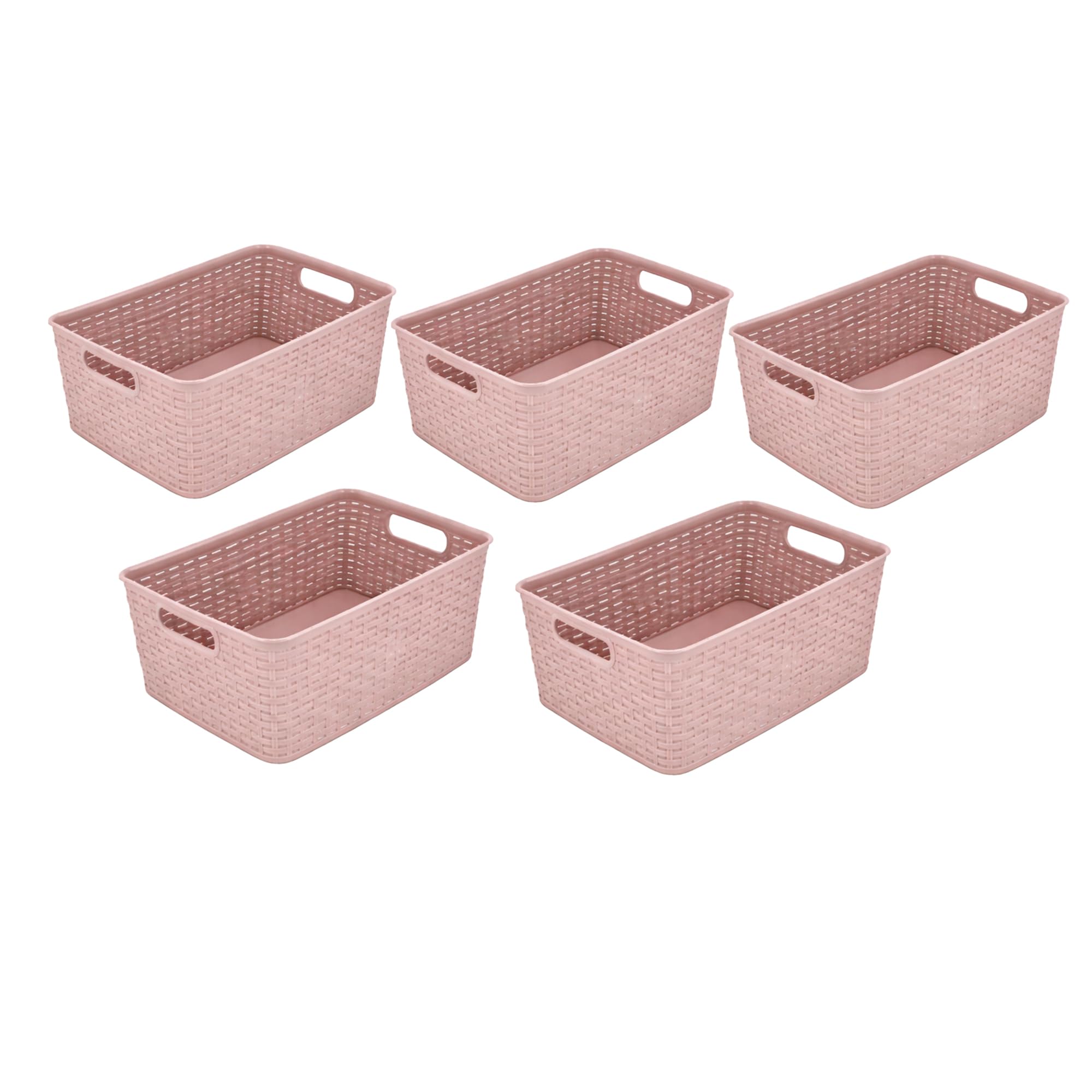 Panier de rangement 12L rose en plastique aspect roseau tressé pour placard | Lot de 5