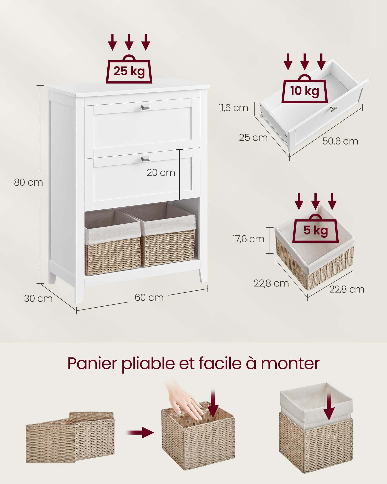 VASAGLE Meuble de Salle de Bain, Meuble de Rangement, 2 Tiroirs avec 1 Séparateur Réglable, 2 Paniers, Buffet, 30 x 60 x 80 cm, Blanc Nuage BBC545W02