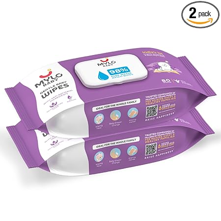 Mylo Baby Gentle Wipes (Pack of 2, 80 Wipes Per Pack) with Organic Coconut & Neem | Anti-Bacterial, pH Balanced, Thick & Soft| With Lid