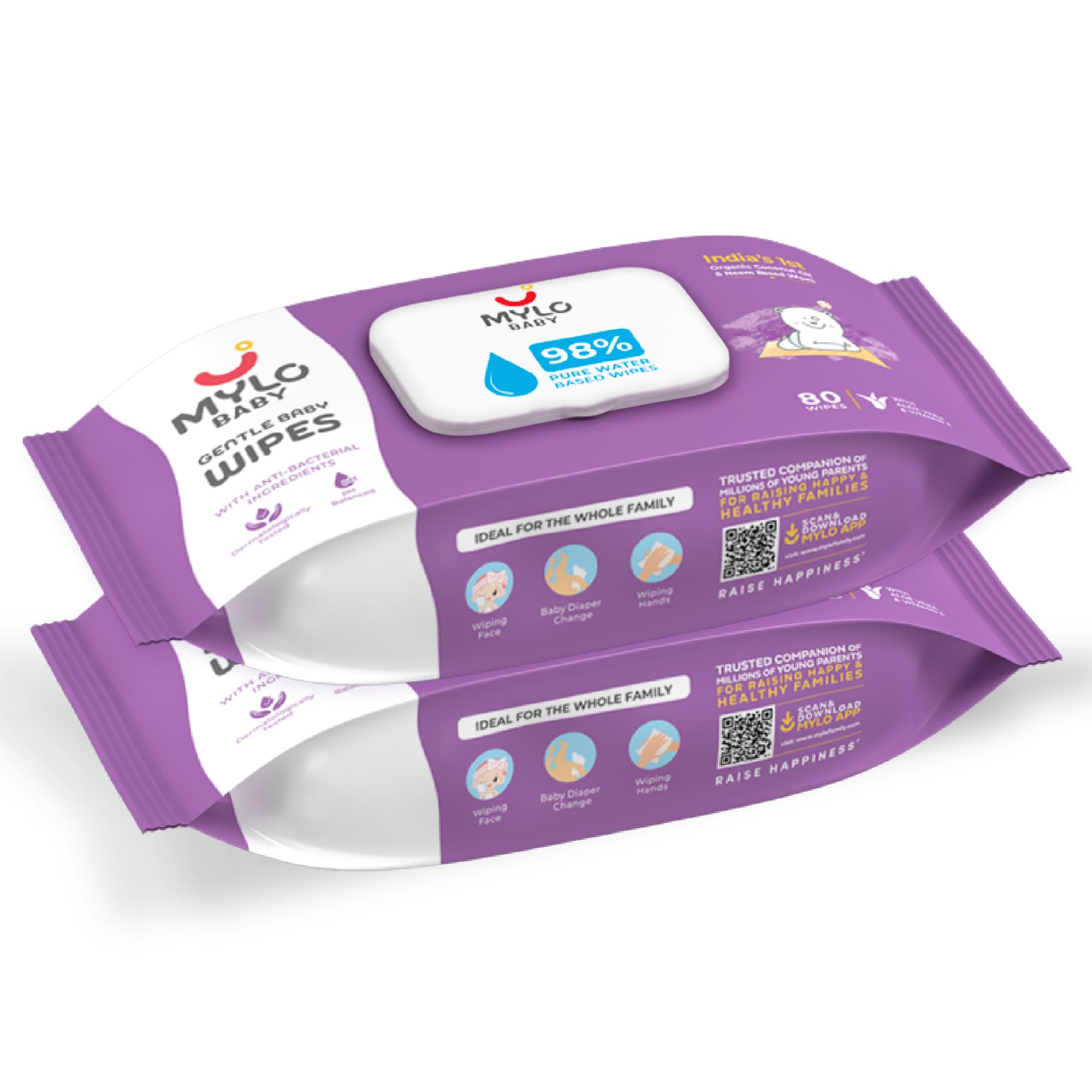 Mylo Gentle Baby Wipes with Lid (80 Wipes x 2 Pack - 160 Water Wipes) | Natural Wet Wipes with Organic Coconut Oil & Neem| Cotton Cloth with Extra Thick