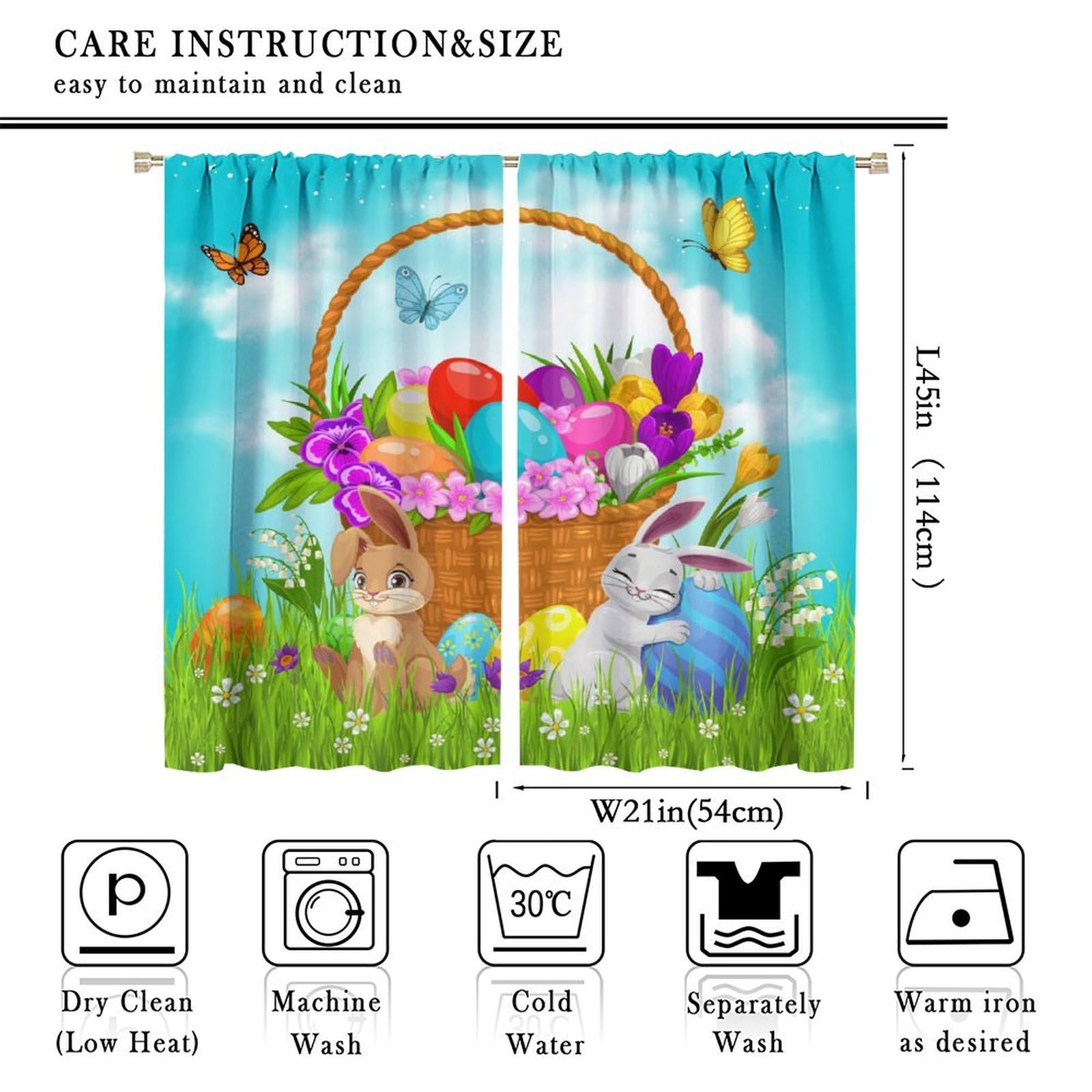 JanJCurt Spring Easter Curtains, Cartoon Bunny Rabbits Butterflies Eggs Happy Easter Theme Print Window Drapes for Children's Room Living Room, 42x45 Inch (No Blackout)