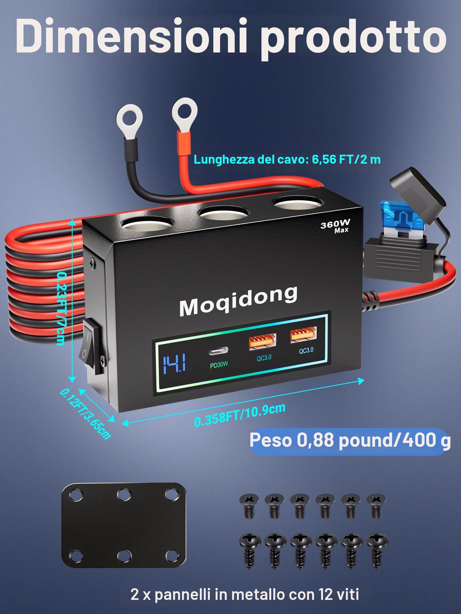 Presa Accendisigari 12V USB PD30W QC3.0 Illuminata per Auto, Camper, Barca con Voltmetro