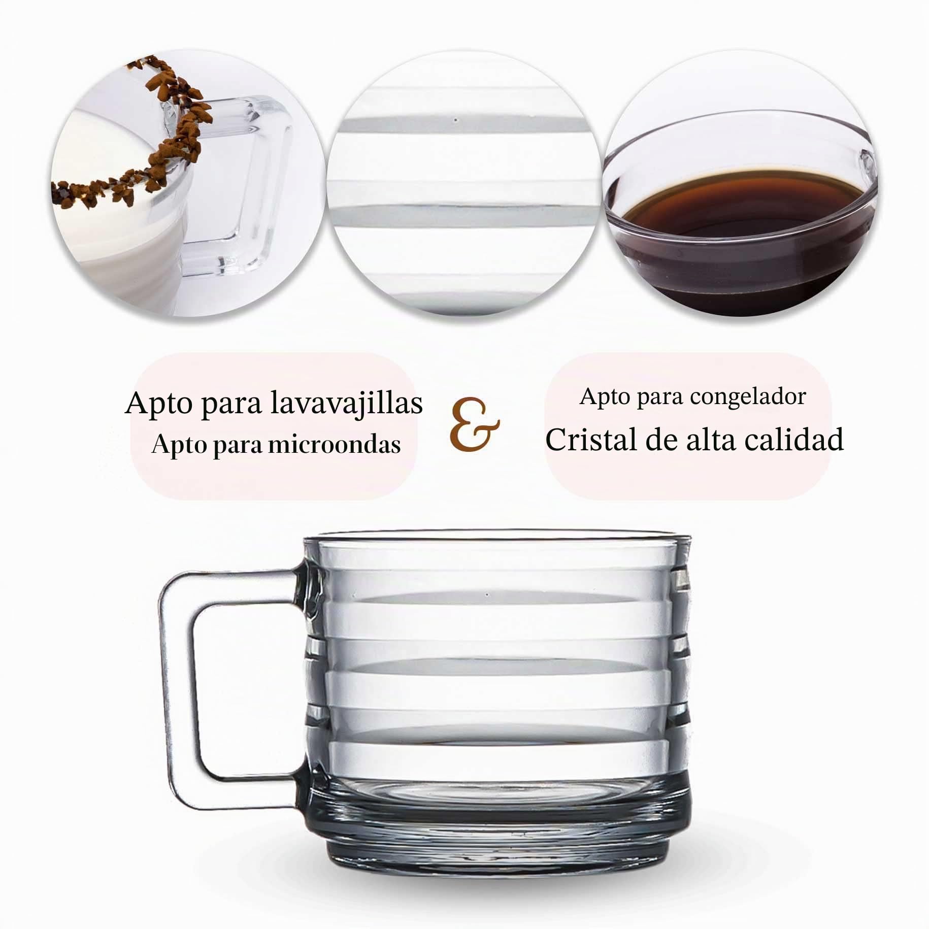 Juego de 6 Tazas de Vidrio Apilables para Café, Capuchino y Te - Vasos Totalmente Templados Con Asas para Bebidas Calientes (250 cc/8,5 oz)