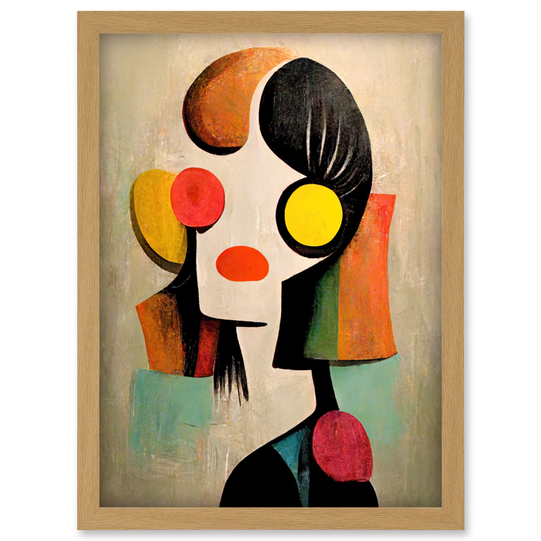 Artery8 Framed Wall Art Print - Minimalist Abstract Pop Art Portrait - Light Oak Frame - A4 Size