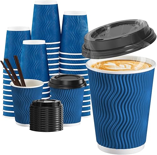 Paquete de 90 tazas de café desechables de 12 onzas con tapas y pajitas, tazas de café de papel aisladas para café, chocolate caliente y bebidas de