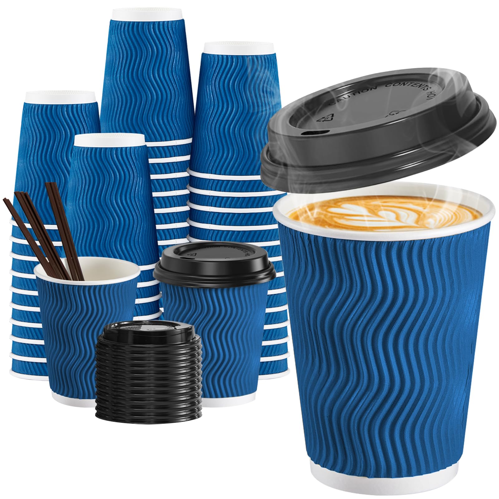 SIUQ 90 Pack 12 oz Disposable Coffee Cups with Lids and Straws, Insulated Ripple Wall To Go Paper Coffee Cups for Coffee, Hot Chocolate and Hot Tea Drinks - Navy