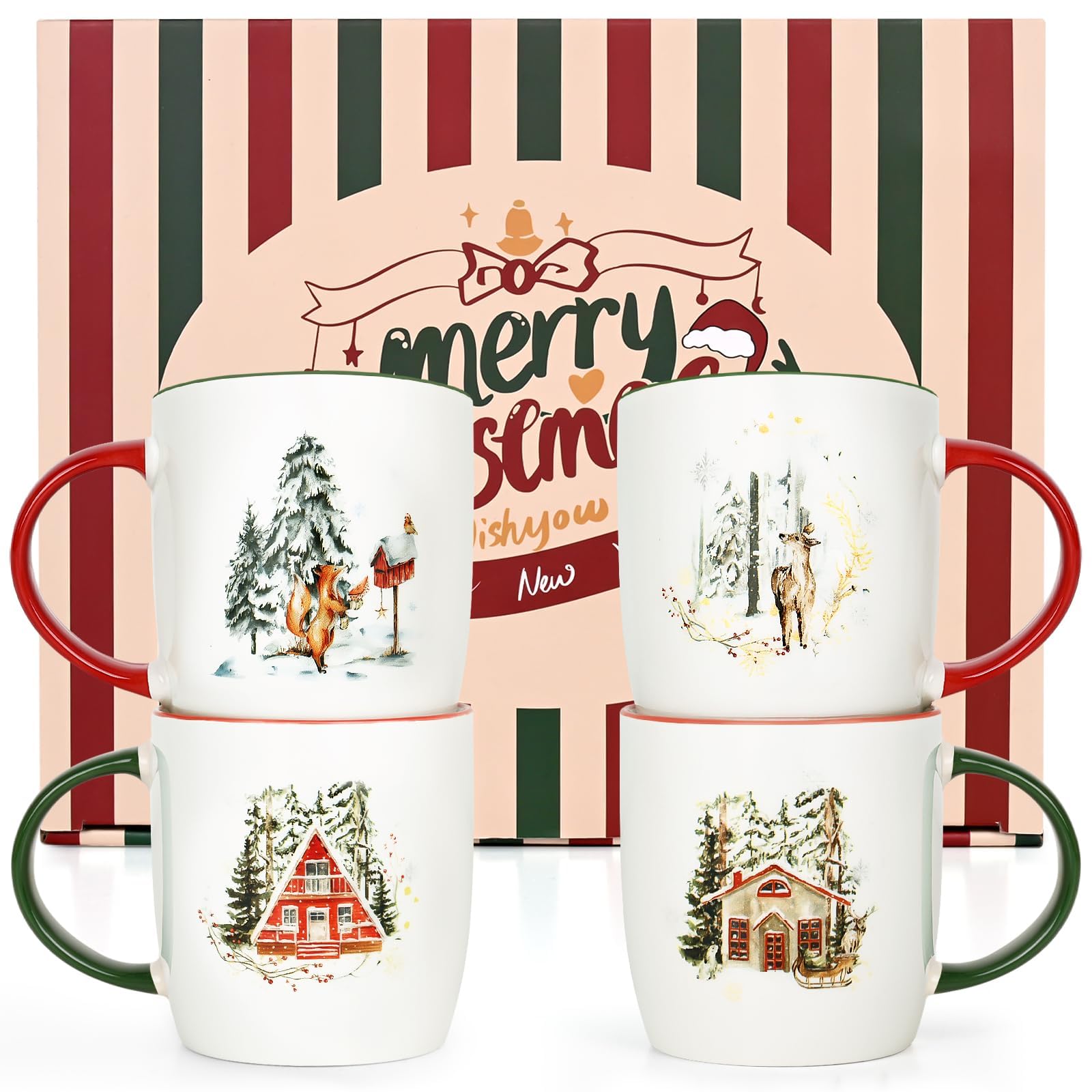 Joymaking Juego de 4 tazas de café de Navidad, decoración para amigos