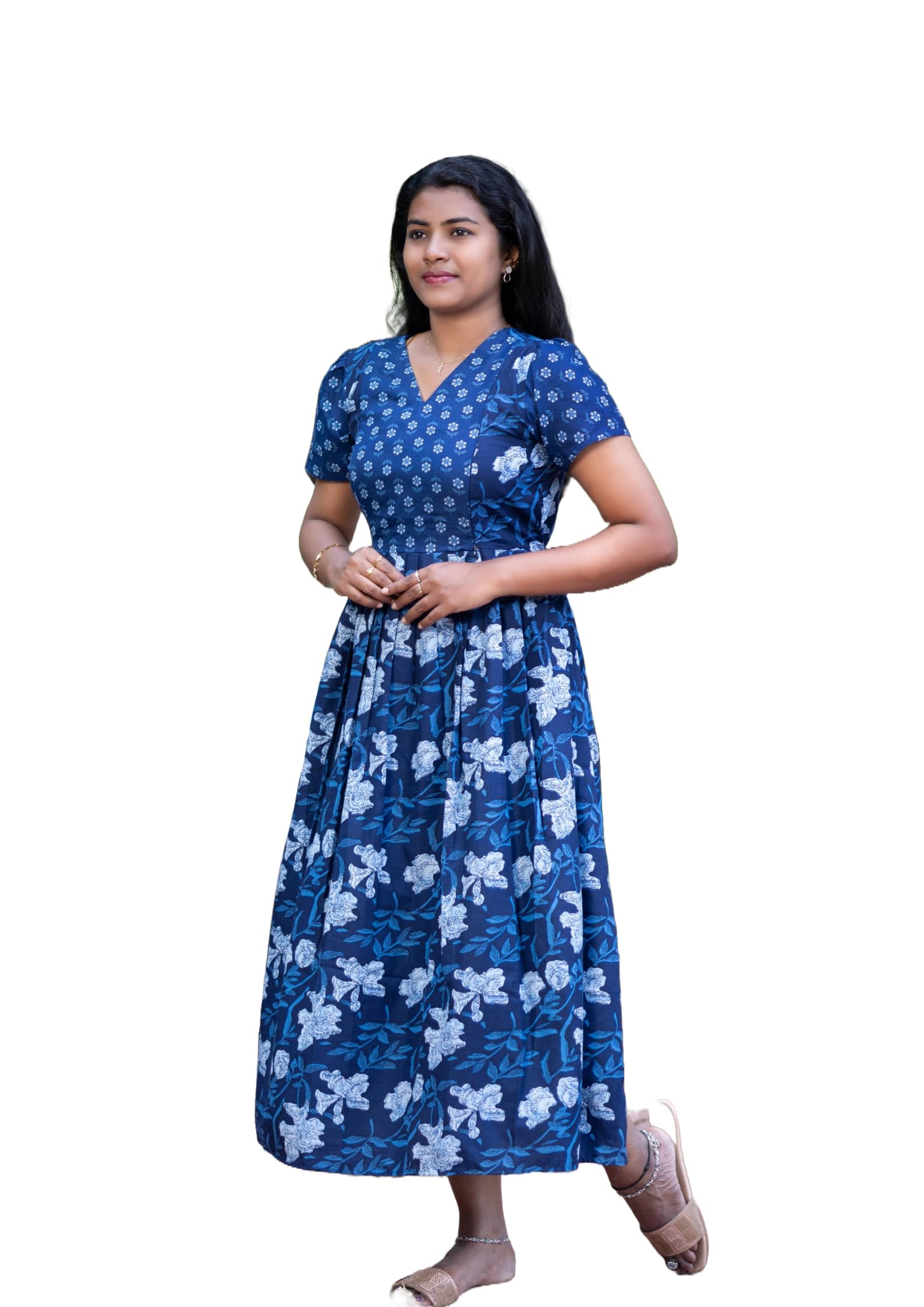 Women’s Cotton Maxi Nighty for Ladies – Navy Blue Floral Print, White Flowers, Full Length Night Dress Soft & Comfortable Sleepwear-picture-57