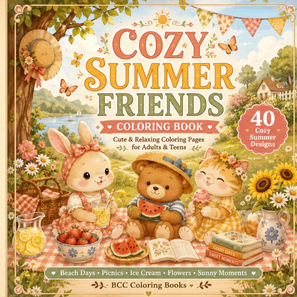 Cozy Summer Friends Coloring Book: Cute and Relaxing Coloring Pages for Adults and Teens Featuring Animals, Beach Days, Picnics, Flowers, Ice Cream, and Sunny Summer Moments