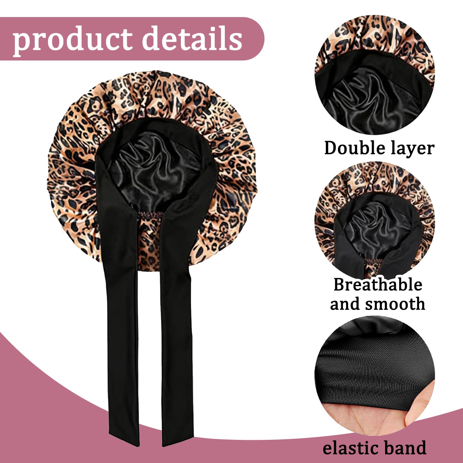 Cuffia Seta Capelli Notte, Leopardata Bonnet Seta per Capelli Ricci Lunghi e Corti, Elastico Cuffia Capelli Ricci Notte, Leopardato Bonnet Satinato con Scrunchies Hair Clip per Donna Ragazza