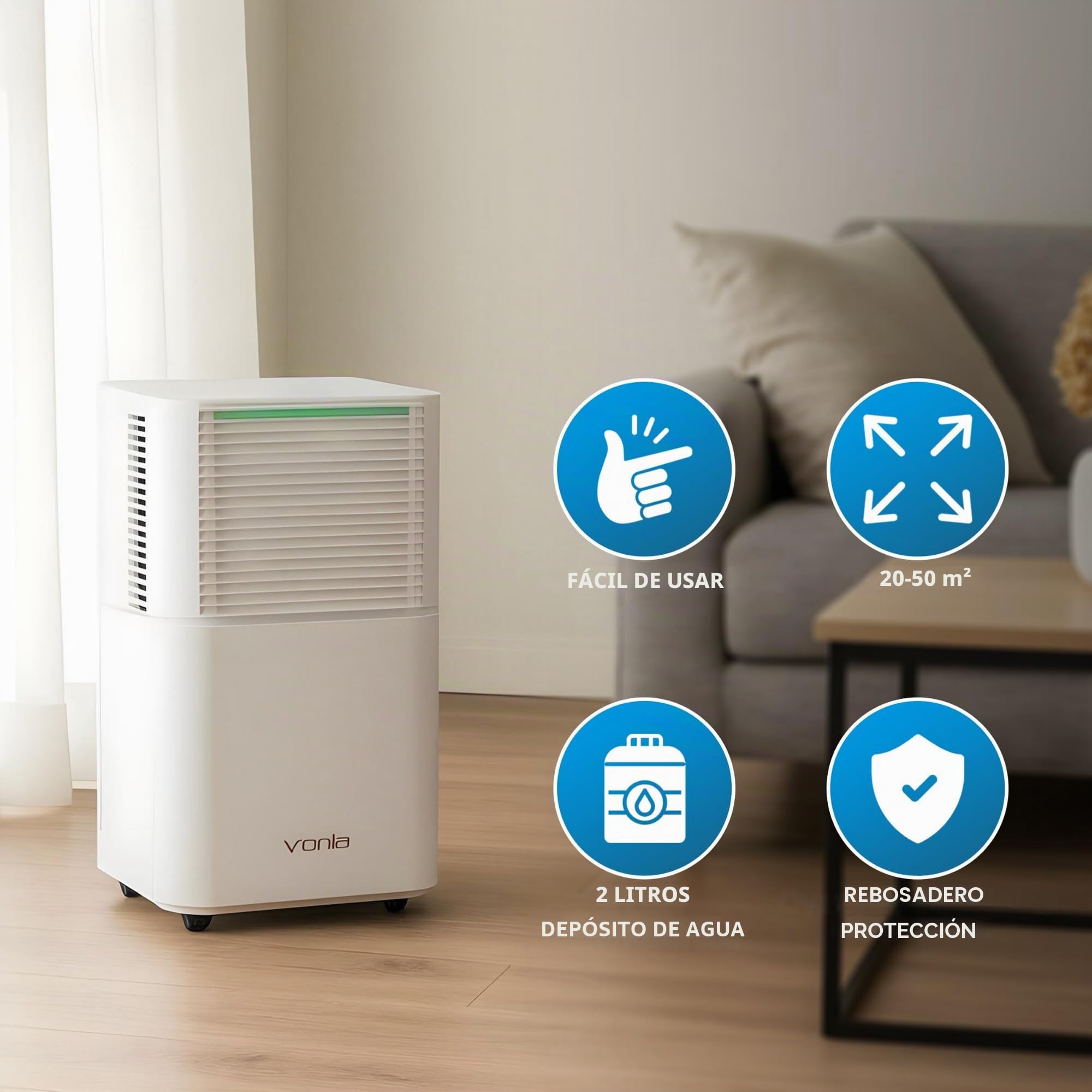 Vonia Deshumidificador 12L/Día - Deshumidificador Eléctrico Silencioso con Depósito 2,5L, Temporizador 24H | Deshumidificador Potente contra Humedad y Moho, para Dormitorio, Baño, Sótano y Hogar