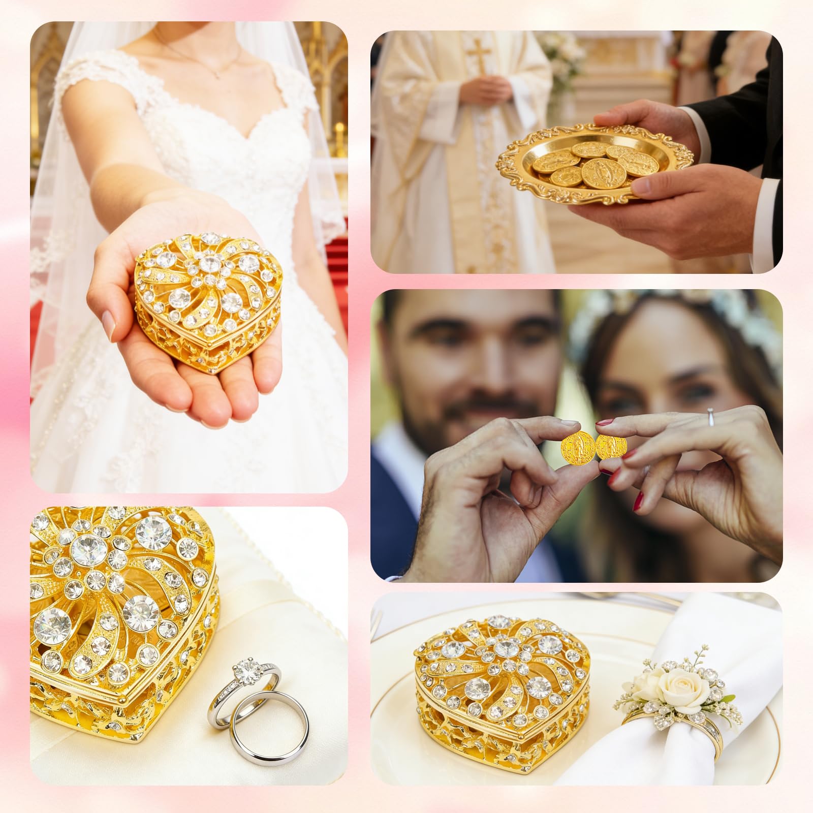 Juego de Monedas de Arras para Boda - Arras Para Boda Católica, Arras De Boda Cristiana, Caja Dorada en Forma de Corazón con 13 Monedas de la Virgen de Guadalupe, Accesorios de Boda para