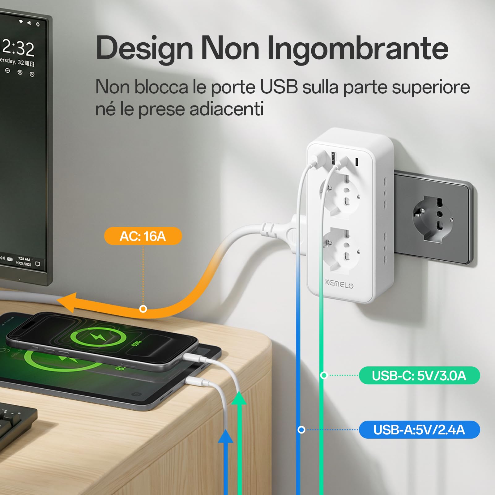 Multiprise murale avec 6 prises universelles 10/16 A ITA et Schuko, multiprise murale avec 2 USB A+2 USB C, prise électrique plate peu encombrante avec interrupteurs pour bureau, maison