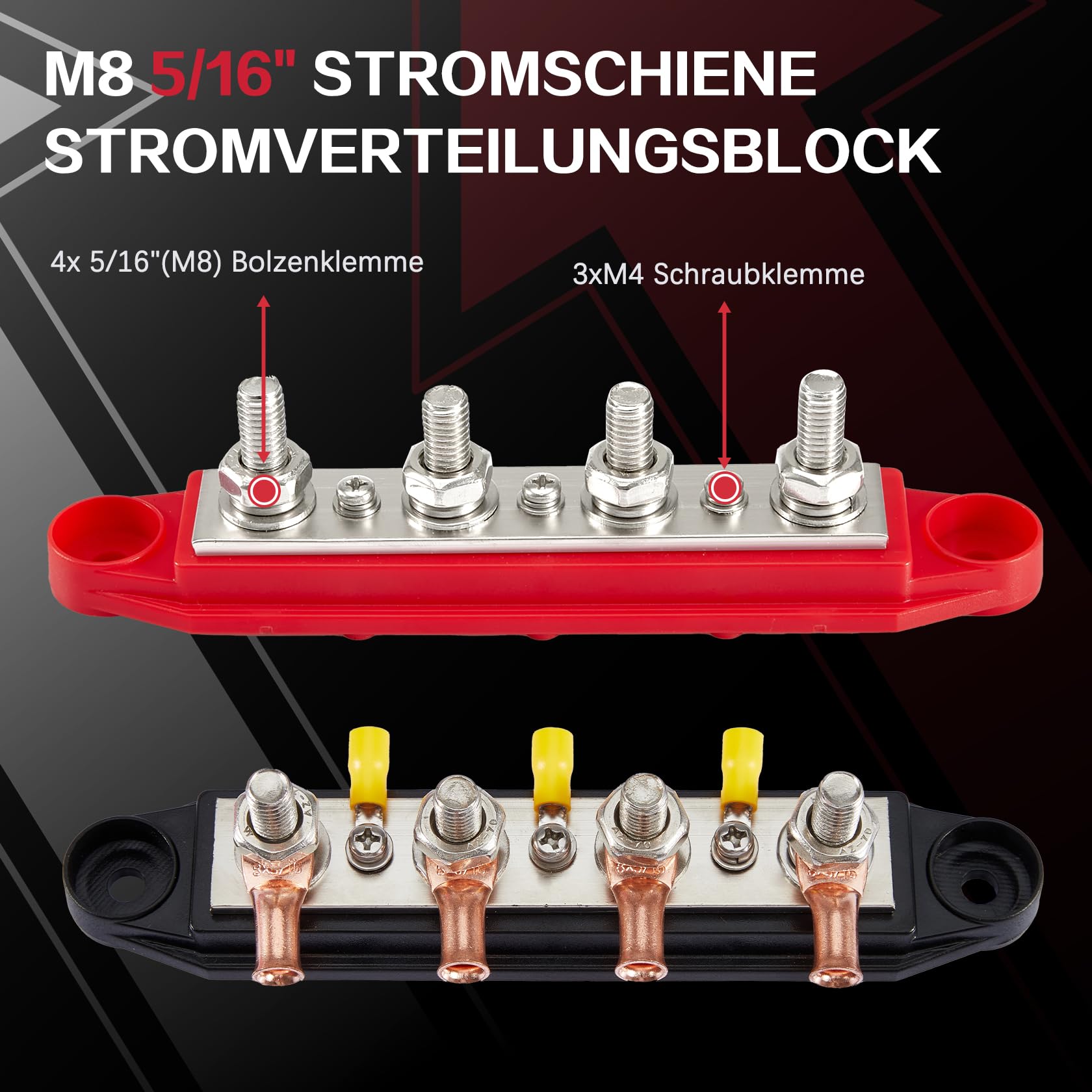 Pindex Sammelschienen Verteilerblock 250AMP DC 12V-48V mit 4 x M8 Klemmenbolzen für Wohnmobile, Schiffe, Yachten, Auto, LKW