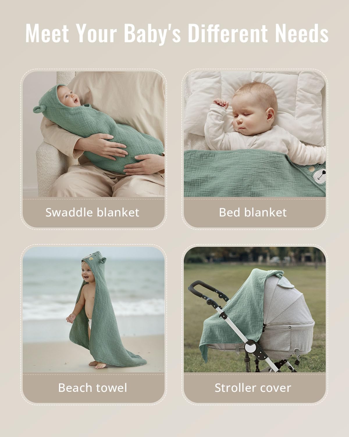 Blissful Diary Asciugamano con cappuccio in mussola, asciugamano da bagno morbido e assorbente per neonati, neonati, bambini, unisex, 81 x 81 cm, orso intelligente