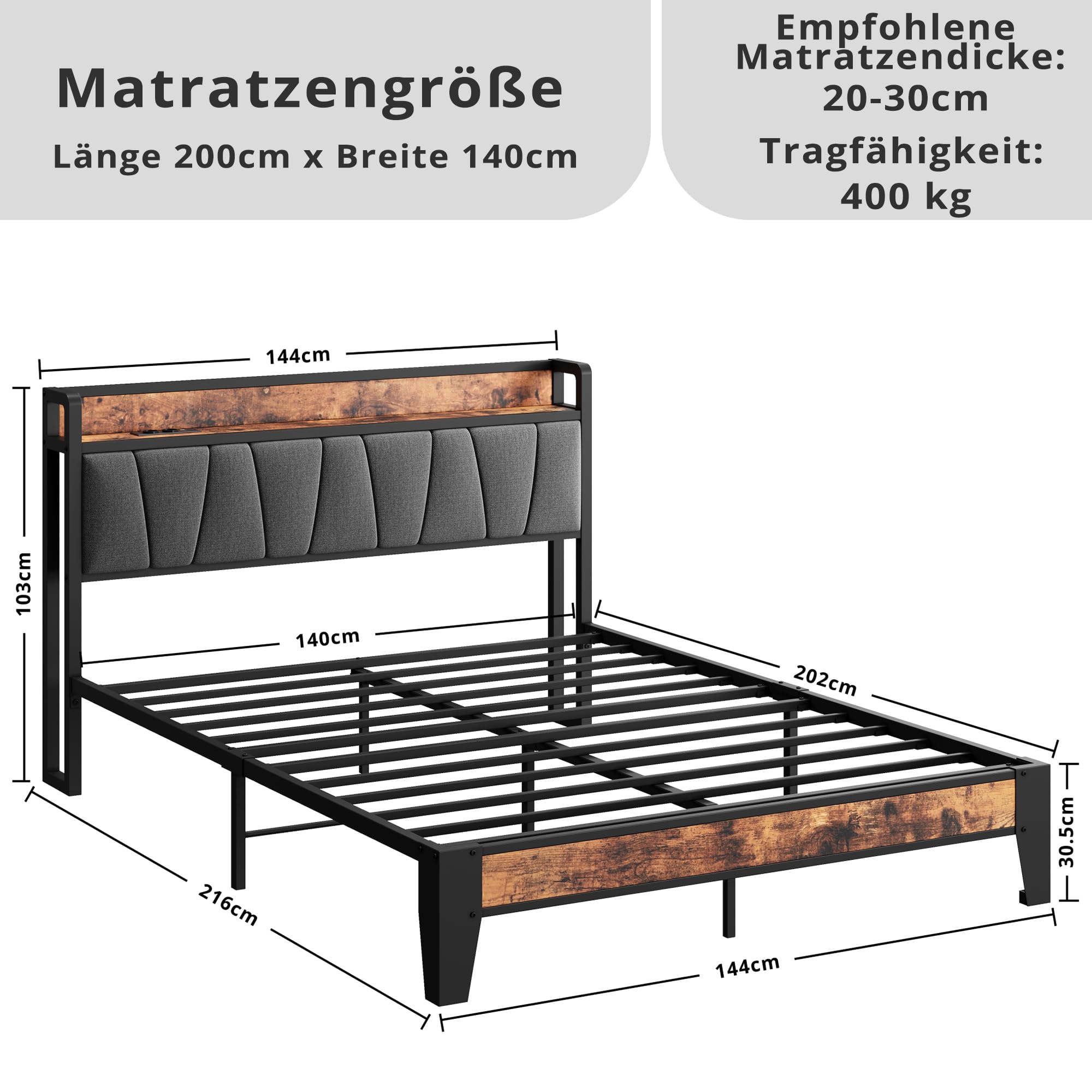 IRONCK Bett 140x200 mit Ladestation (2 AC-Steckdosen, USB-A, USB-C), Bettgestell mit Gepolstertem Kopfteil & Stauraum, Doppelbett für Schlafzimmer, Stabiles Metallbett in Retro Grau