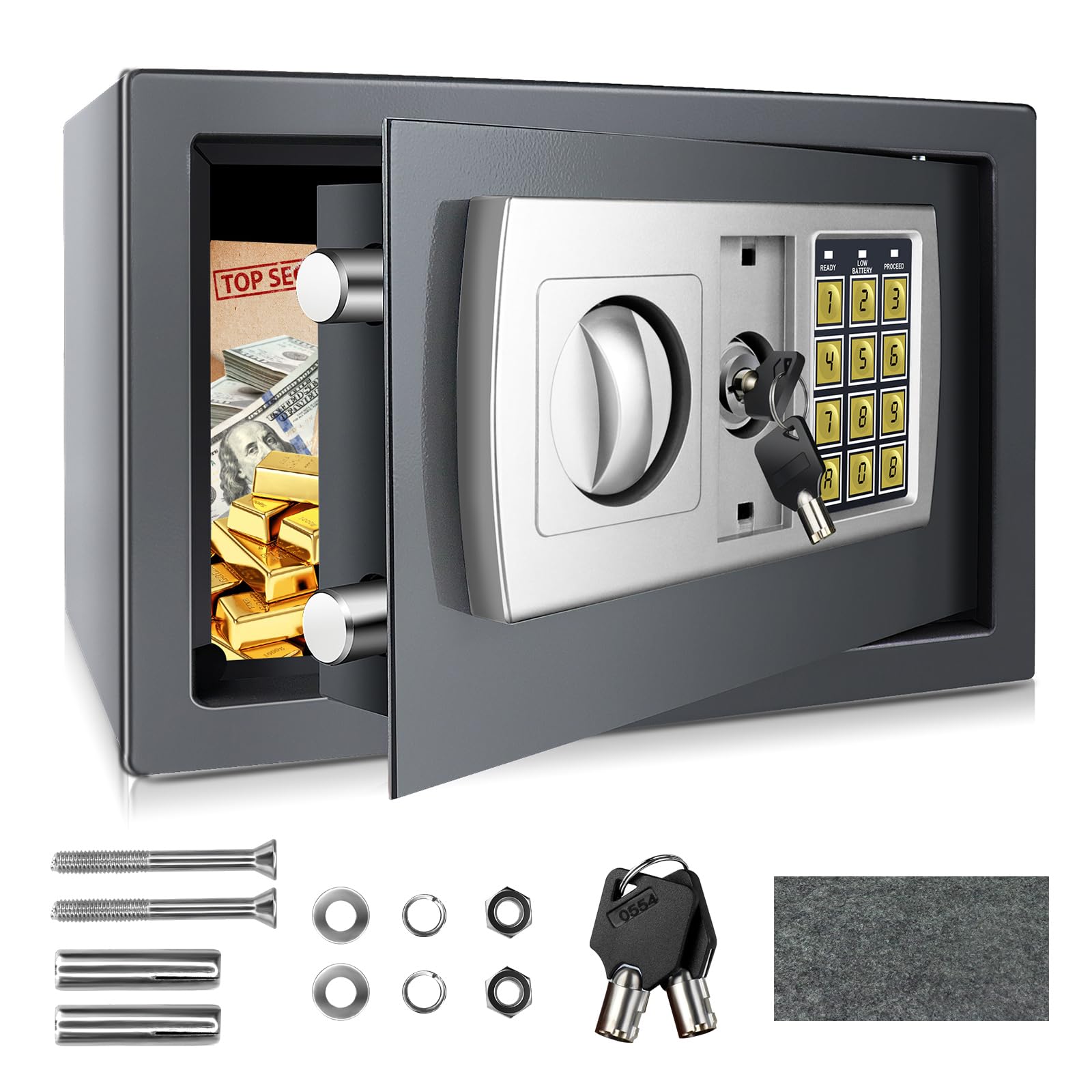 8.5L Electronic Digital Safe Box, Fireproof Security Box Home Office Money Cash Jewelry Steel Safety Box with 2 keys, Wall Mounted Mini Safe for Home Office Hotel, 31 x 20 x 20 cm, Grey — image 1
