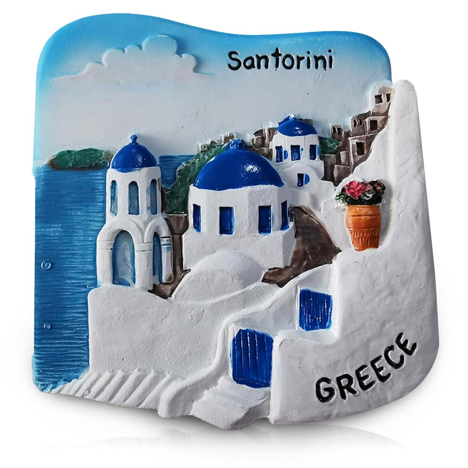Maxi-Solutions Santorini Greece 3D Souvenir Fridge Magnet - Hand-Painted Resin Blue Dome Churches & Aegean Sea View - 5.8Cm Iconic Oia Village Travel Gift
