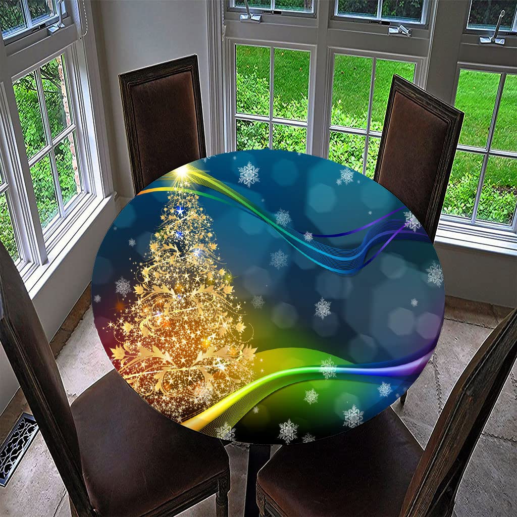 Treer-Shop J Treer Christmas Round Tablecloth Waterproof Wipeable, 3D Christmas Tree Print Circular Tablecloths Fitted Elastic Edged Xmas Table Cover Decoration For Kitchen Picnic Outdoor Indoor (,90Cm)