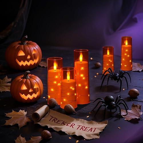 Miniatura 2 de Raycare Velas LED sin llama con cuerda de estrella incrustada, 9 velas acrílicas a pilas con temporizador y control remoto, parpadeantes para un