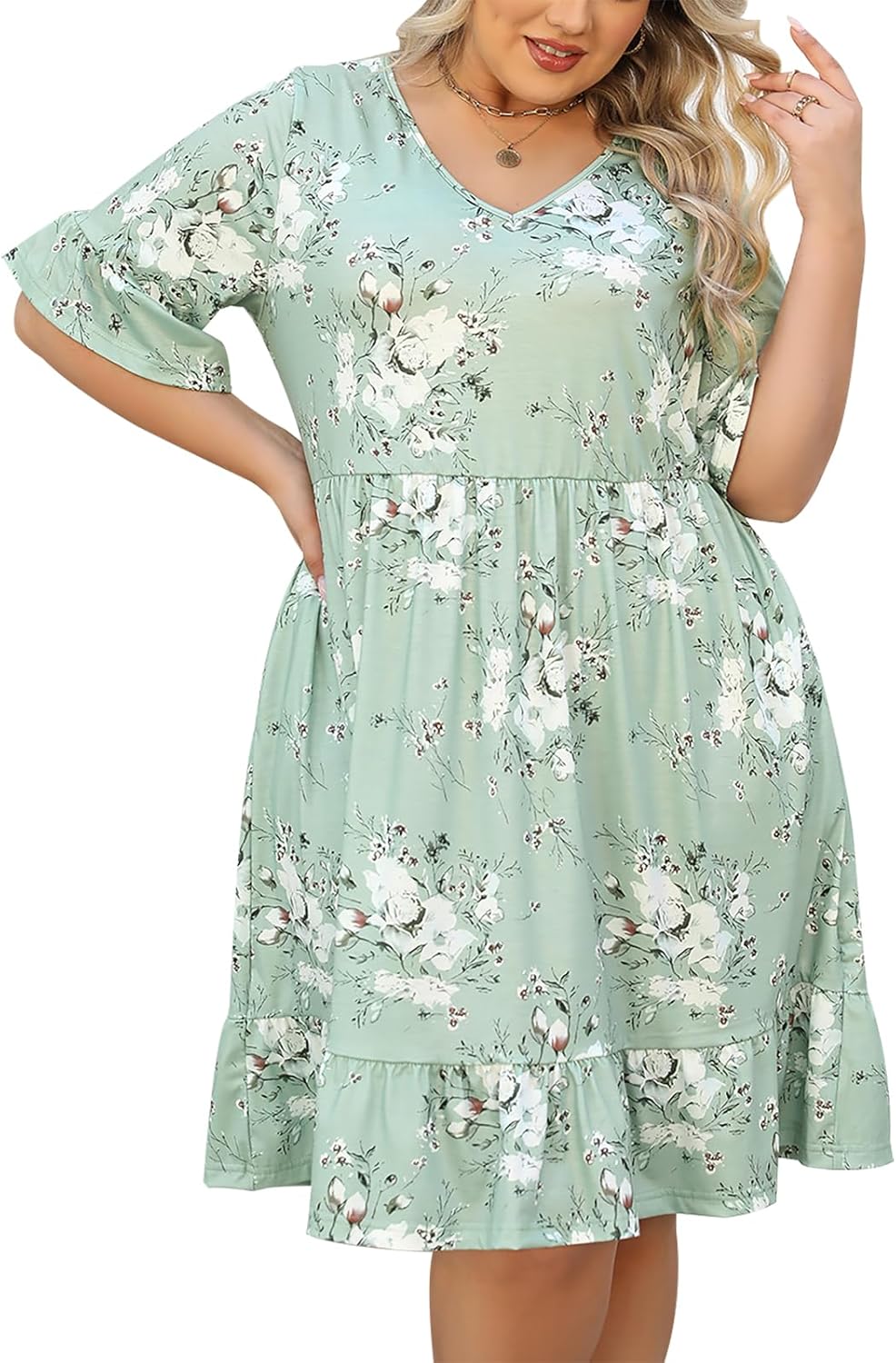 Celkuser Plus Size Summer Midi Casual Ruffle Short Sleeve Dress Lightweight Flowy Babydoll Beach Dress for Women with Pocket