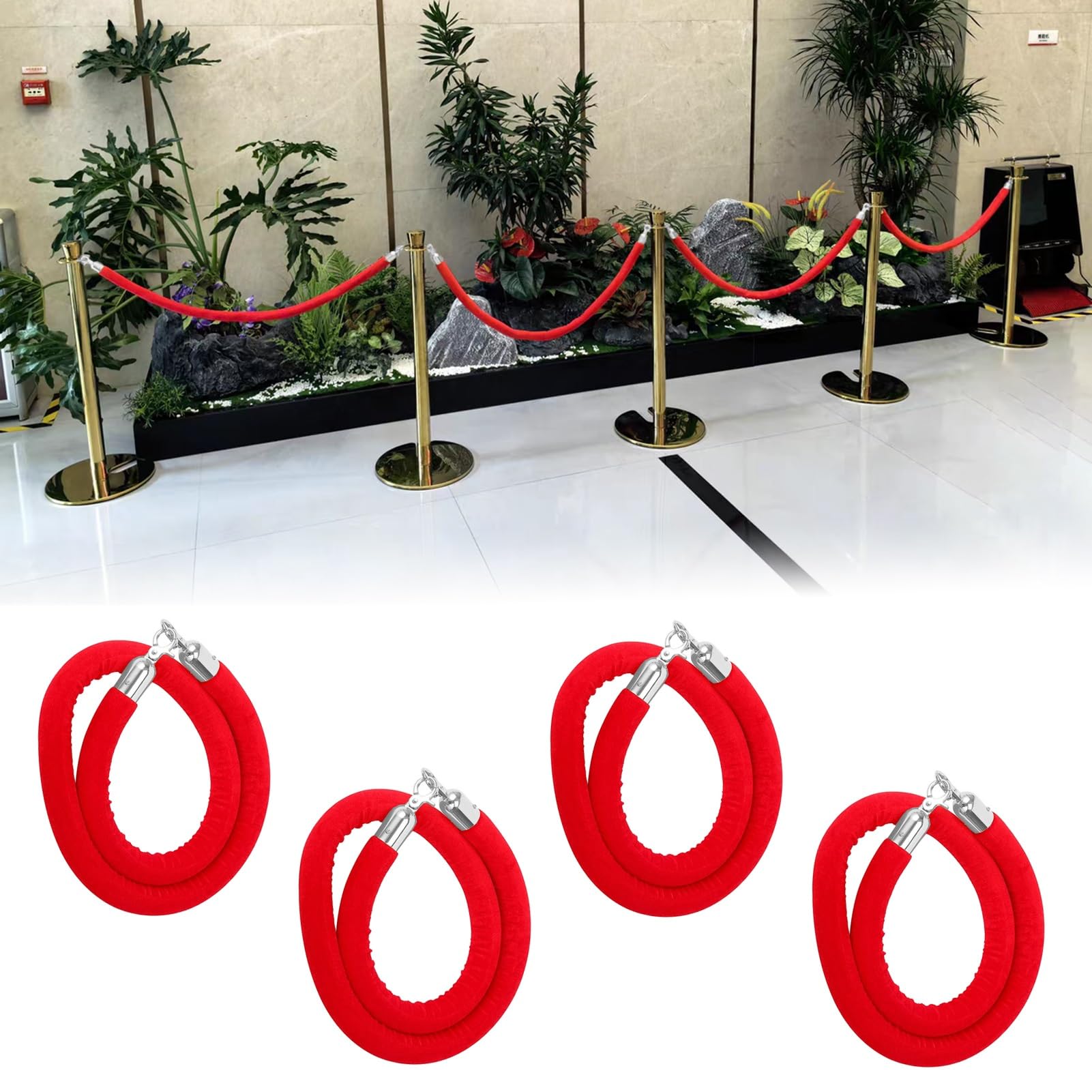 ZBBGTJK 4-Pack Red Velvet Rope Bers Crowd Control Stanchions for Theaters/Malls/Stair Entrances 3ft-8ft Foam Ropes Silver Hooks - 2.7m (9ft) Long