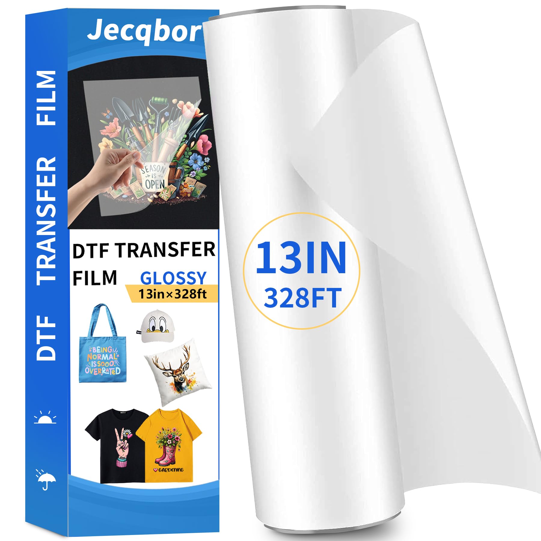 Jecqbor DTF Transfer Film Paper Roll 13 Inch x 328 FT, Glossy Double Sided Heat Transfer Paper, Thick Clear Pretreat PET Sheets for All DTF Printer Direct Print On T-Shirts Textile