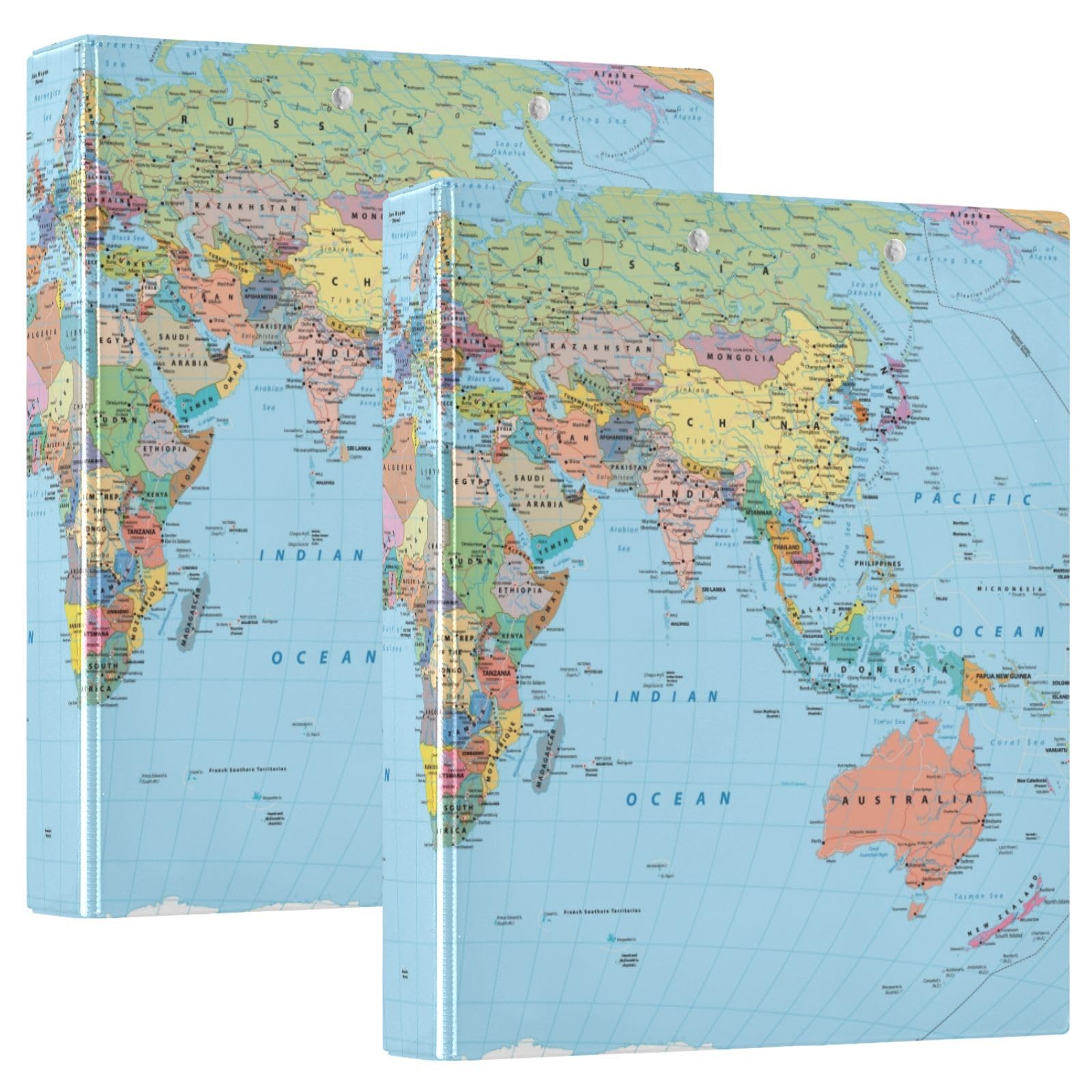 World Map 3 Ring Binder 2 Pack, 1.5 Inch Round Rings for Letter A4 Size Paper, Decorative Hardcover Binder Organizer for Office and Home