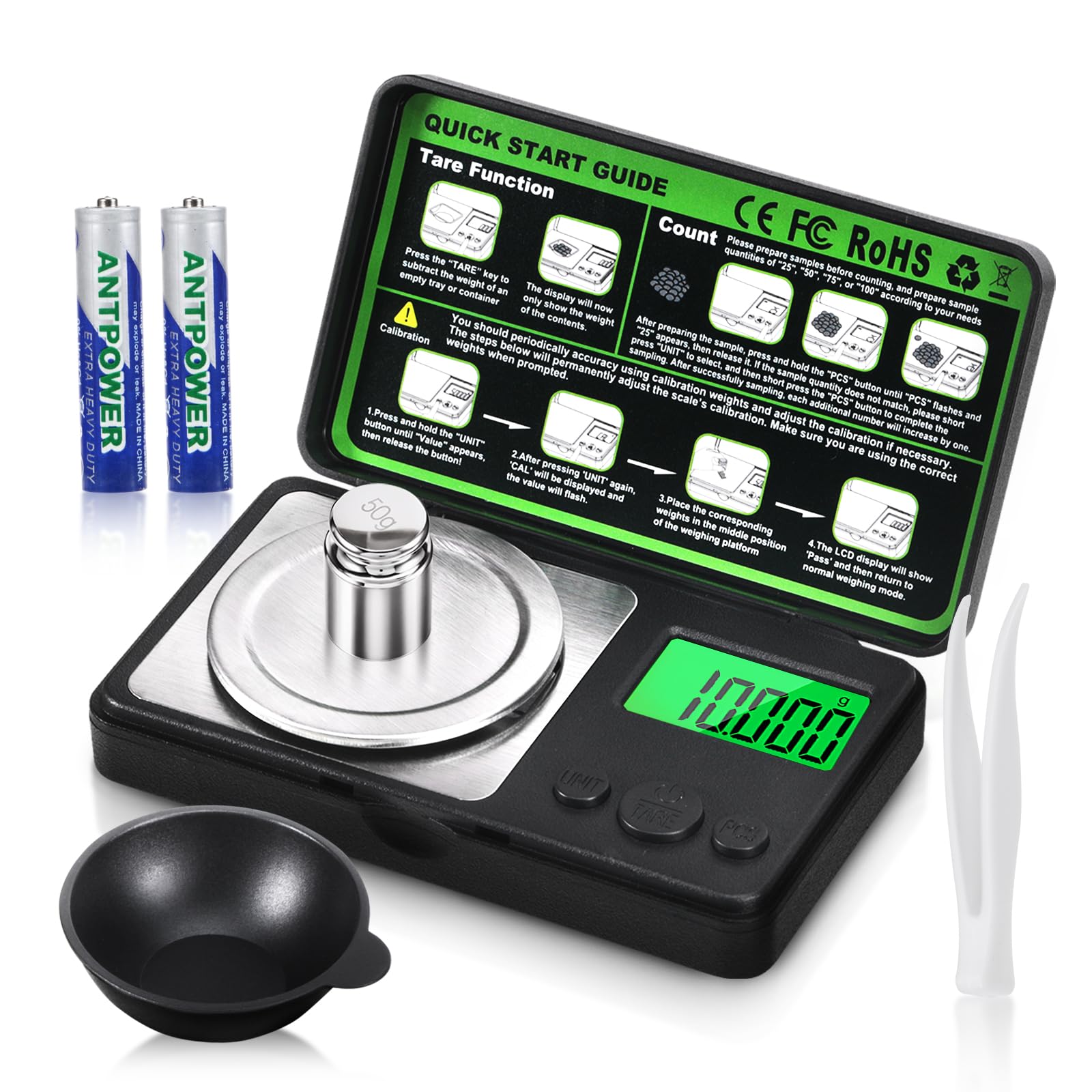 50g/0.001g Digital Milligram Scale, Digital Scales Precision Scale Pocket Micro Scales for Jewelry Powders Medicine food, High Precision Mg Scale with Tweezer Cal Weight Battery, Measuring Cup-50g MAX