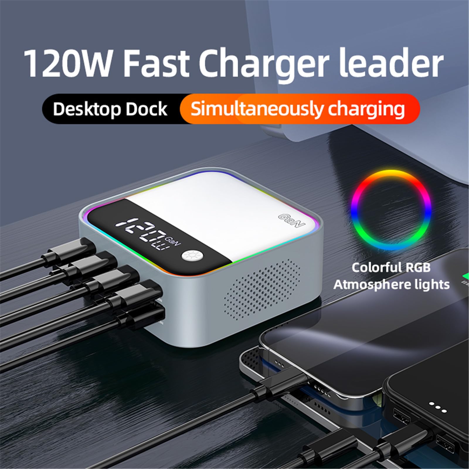Caricatore da tavolo USB C da 120 W con ricarica rapida PD 100 W, display digitale e luce ambientale RGB per telefoni e laptop