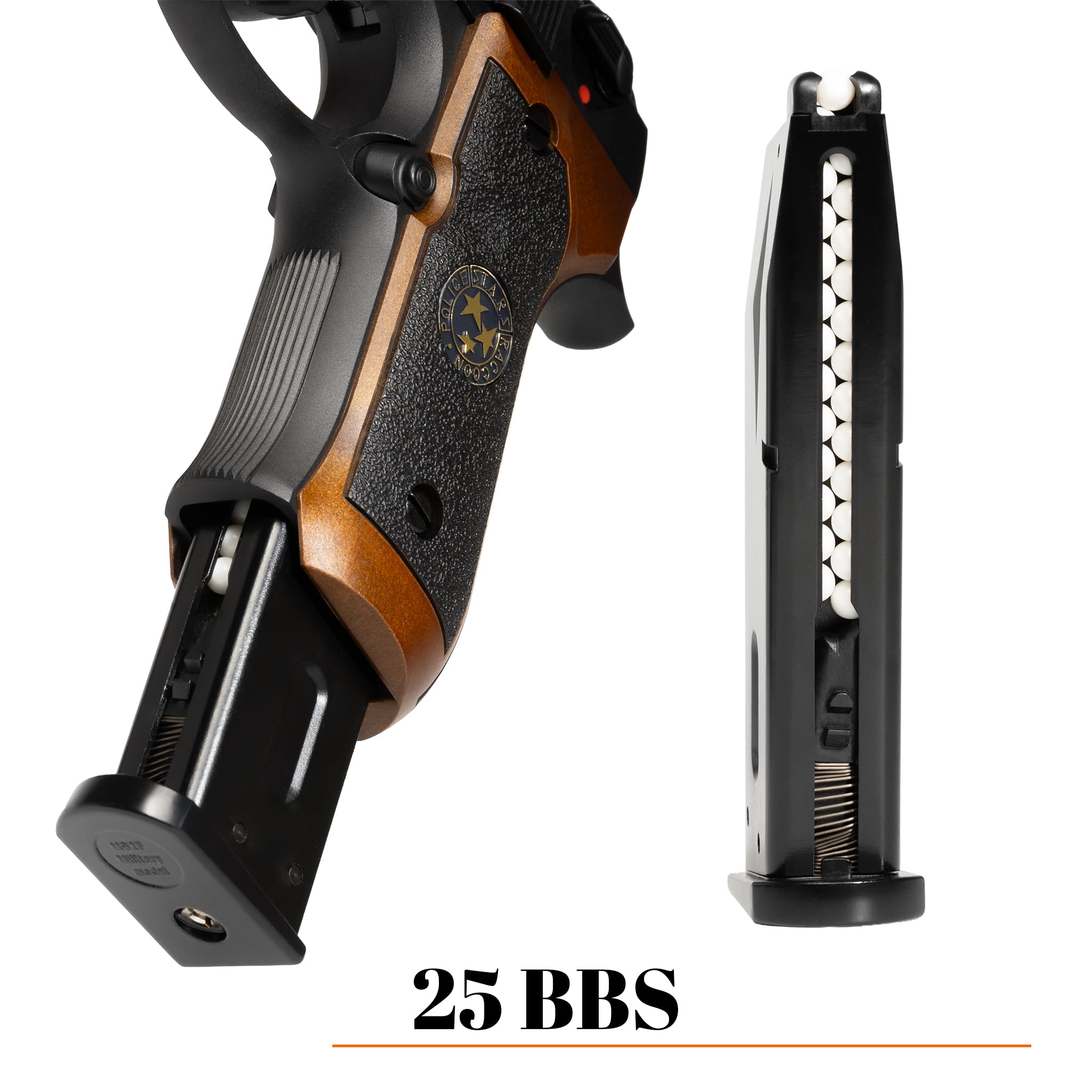 Pistola gas scarrellante softair M92 full metal, POTENZA 0,9 JOULE, calibro 6mm, caricatore 27 colpi, hop-up regolabile, sicura/semi-auto, 220mm 950g