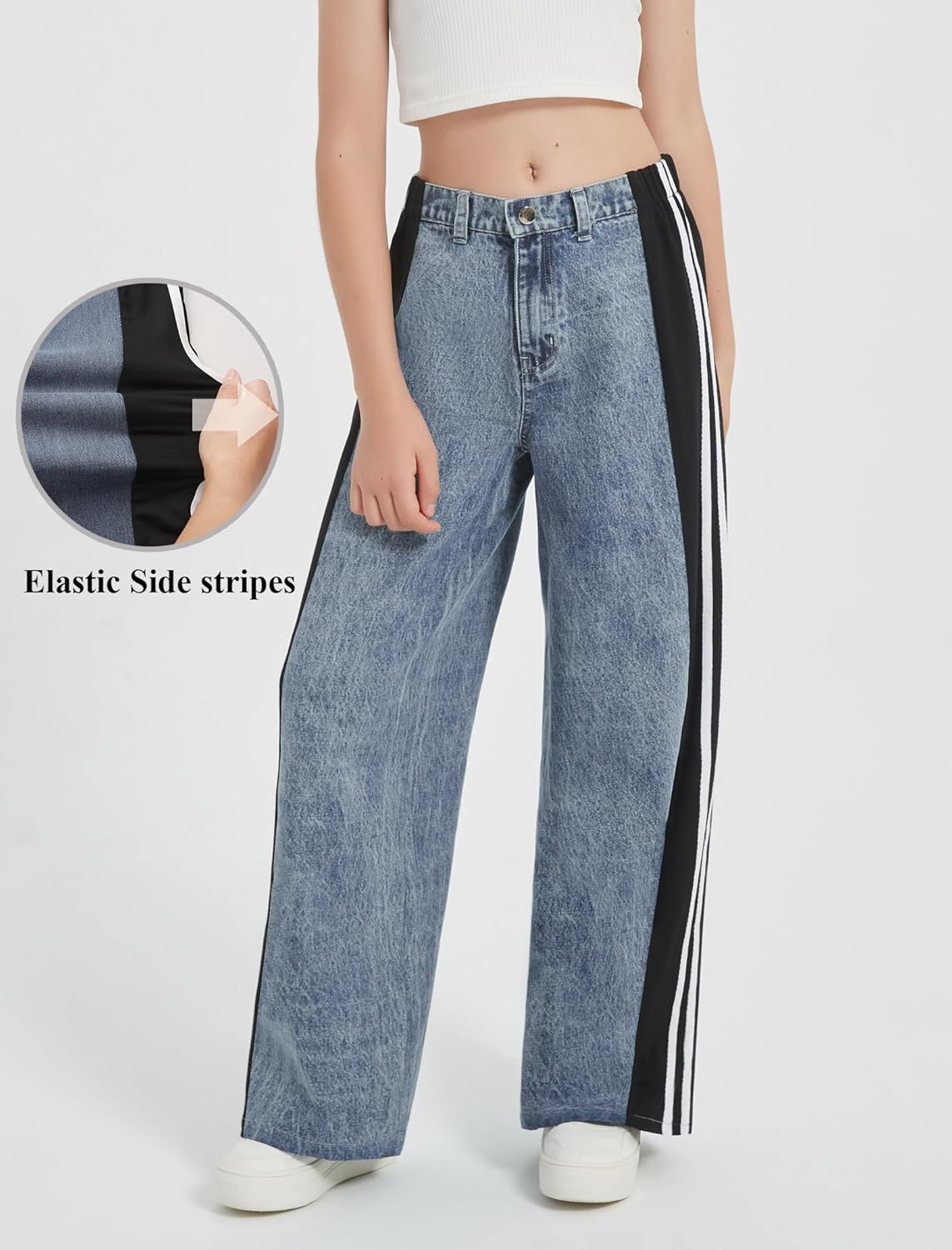 EXARUS Girls Wide Leg Jeans Striped/Bow Baggy Denim Pants Teen Elastic Waist Mid Rise Tween Y2K Streetwear 8-14Y