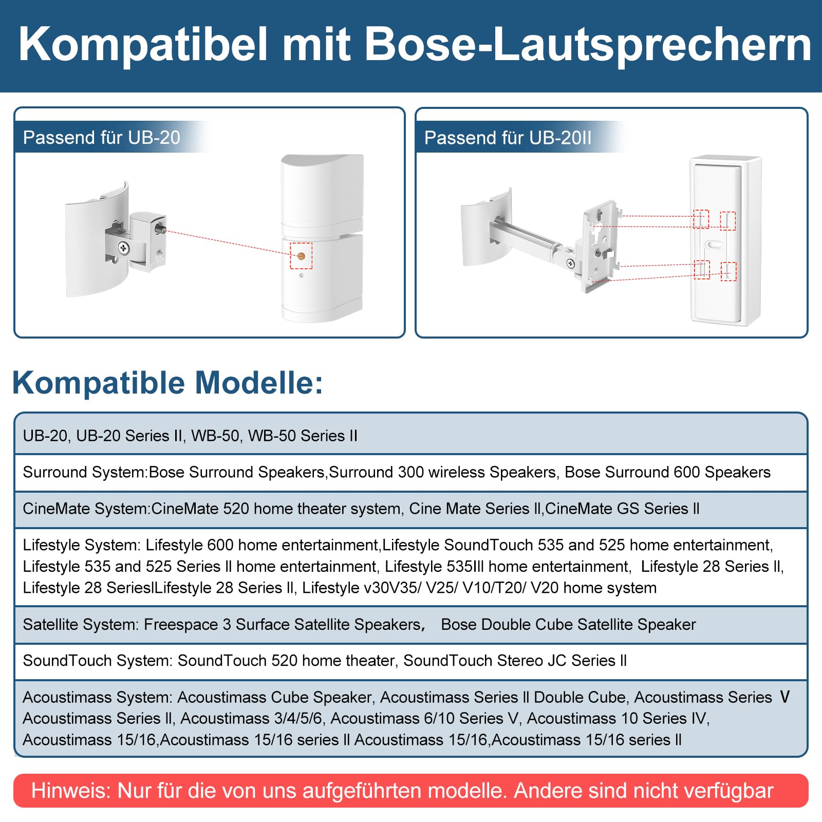 (2 sztuki) uchwyt na głośnik uchwyt ścienny i uchwyt sufitowy do Bose UB-20, UB-20 Series II, WB-50 II, seria Lifestyle, seria Soundtouch, regulowany kąt głośnika, uchwyt ścienny - biały