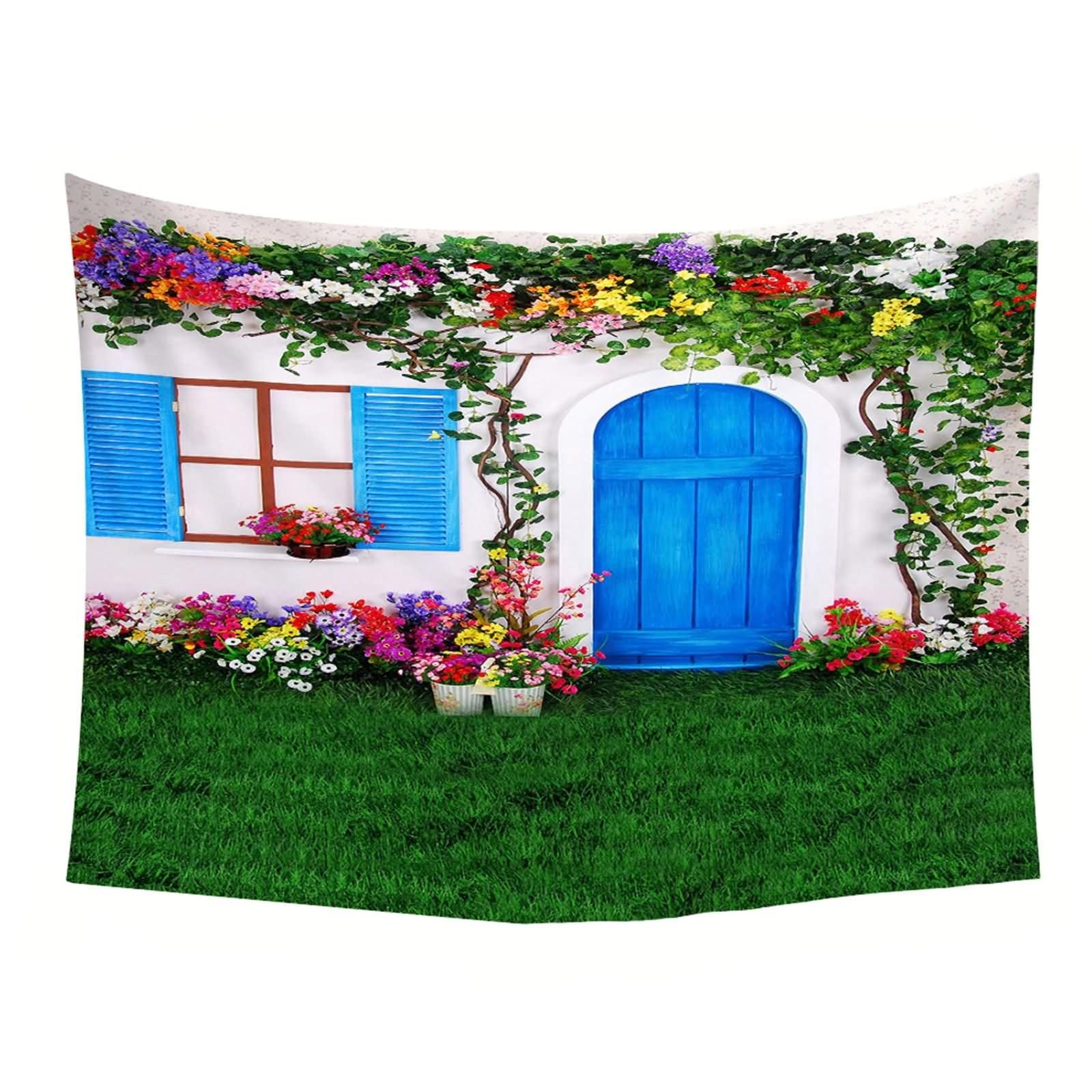 Homxi Tapiz para Sofas Grandes 260 x 240 CM,Paisaje del Patio Tapices Decorativas Poliéster Azul Verde