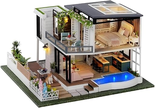 DIY Dollhouse Kits 124 Scale Miniature Furniture with Music Movement & Simulated Furniture, Mini Villa Models with Dust Covers for Collectors