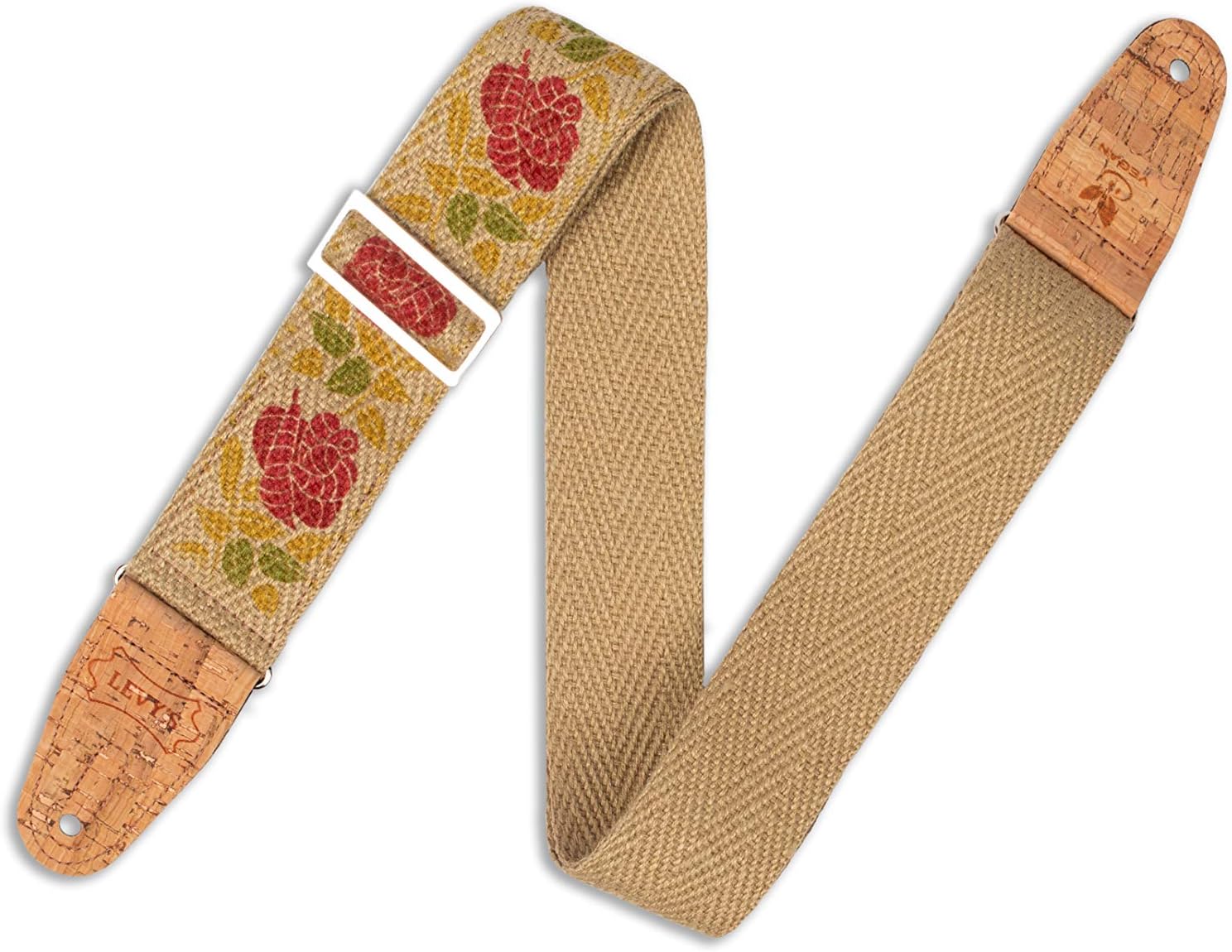 Levy's Leathers 2" Hemp ‘Vegan’ Guitar Strap With Printed Rosa Motif In Pink And Red On Natural Hemp Webbing With 2-Ply Cork Ends (MH8P-009)
