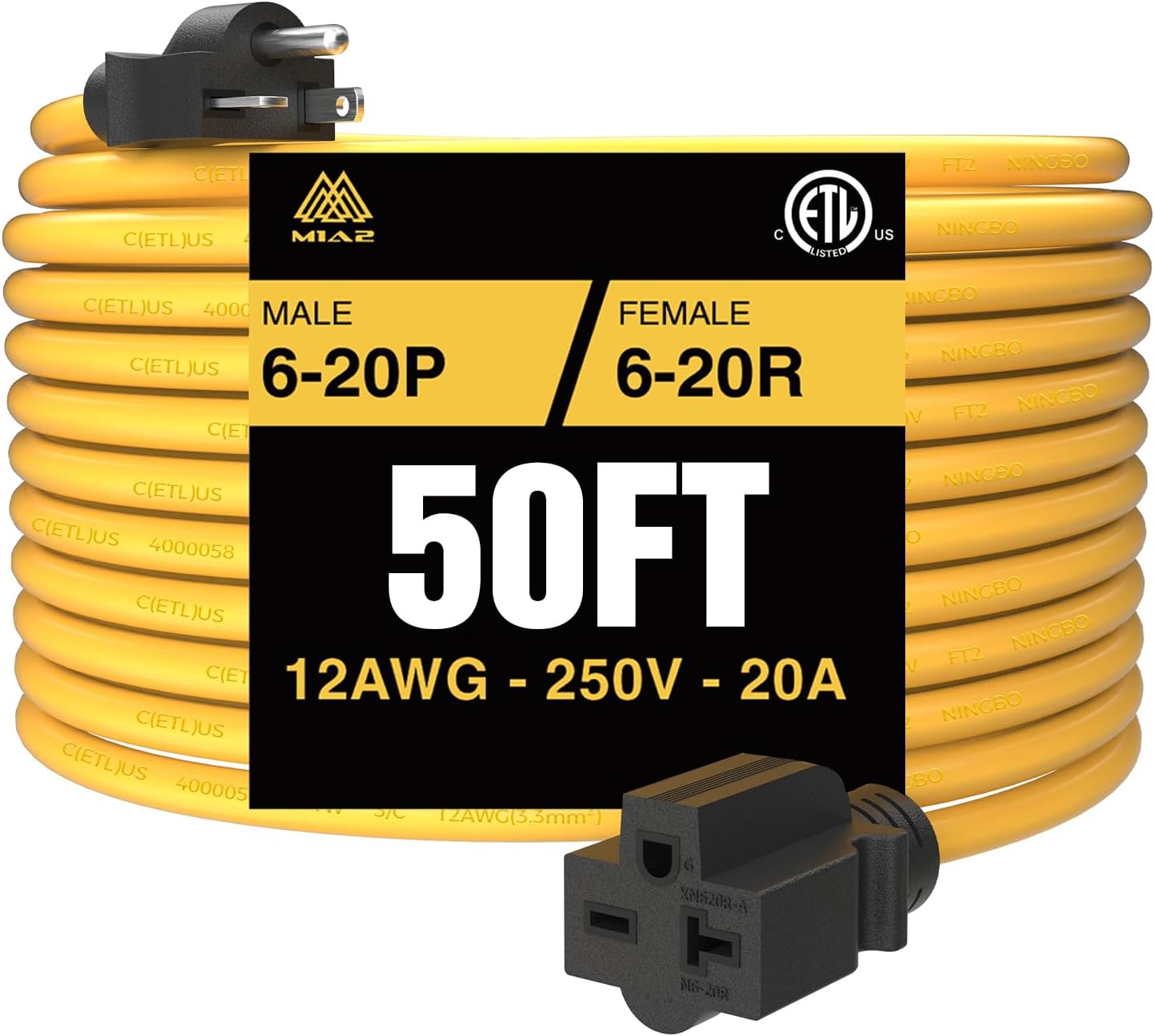 NEMA 6-20 Extension Cord 6-20P to 6-20R for Tesla Mobile EV Level 2 Charging Heavy Duty 250 Volts 20 amp 50FT ETL Listed