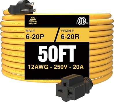 NEMA 6-20 Extension Cord 6-20P to 6-20R for Tesla Mobile EV Level 2 Charging Heavy Duty 250 Volts 20 amp 50FT ETL Listed