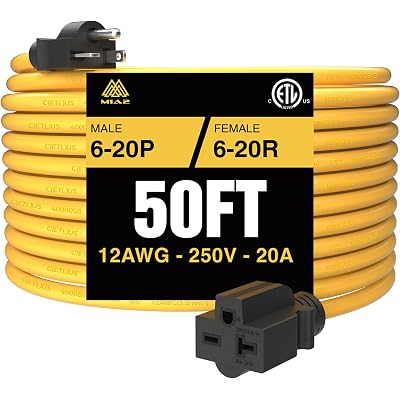 NEMA 6-20 Extension Cord 6-20P to 6-20R for Tesla Mobile EV Level 2 Charging Heavy Duty 250 Volts 20 amp 50FT ETL Listed