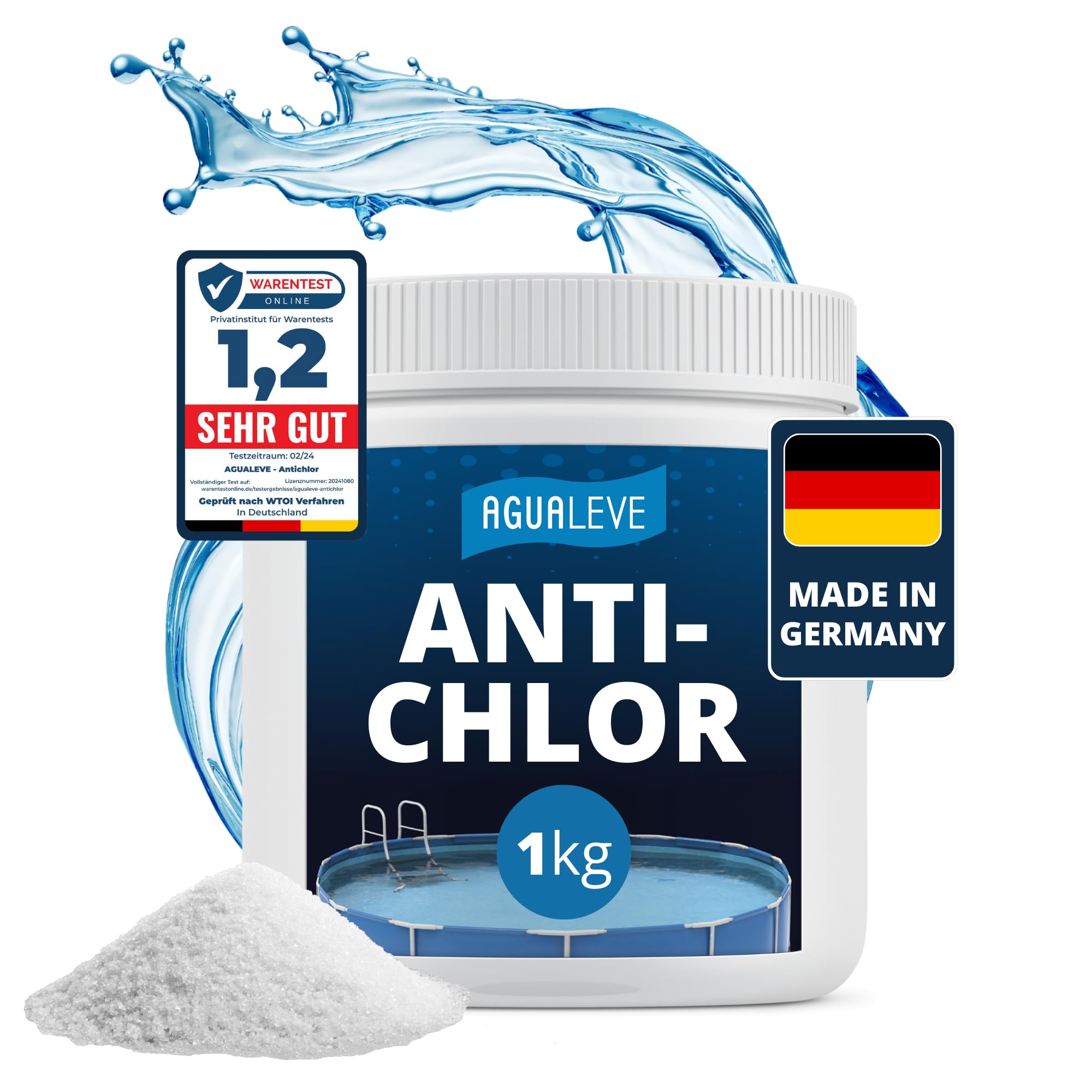 AGUALEVE® Antichlor 1kg | Reduziert BZW. eliminiert Chlor präzise und schnell | für Pools, Aufstellpools, Whirlpools jeder Art und Größe | Markenqualität Made in Germany | mit Note 1,2 getestet