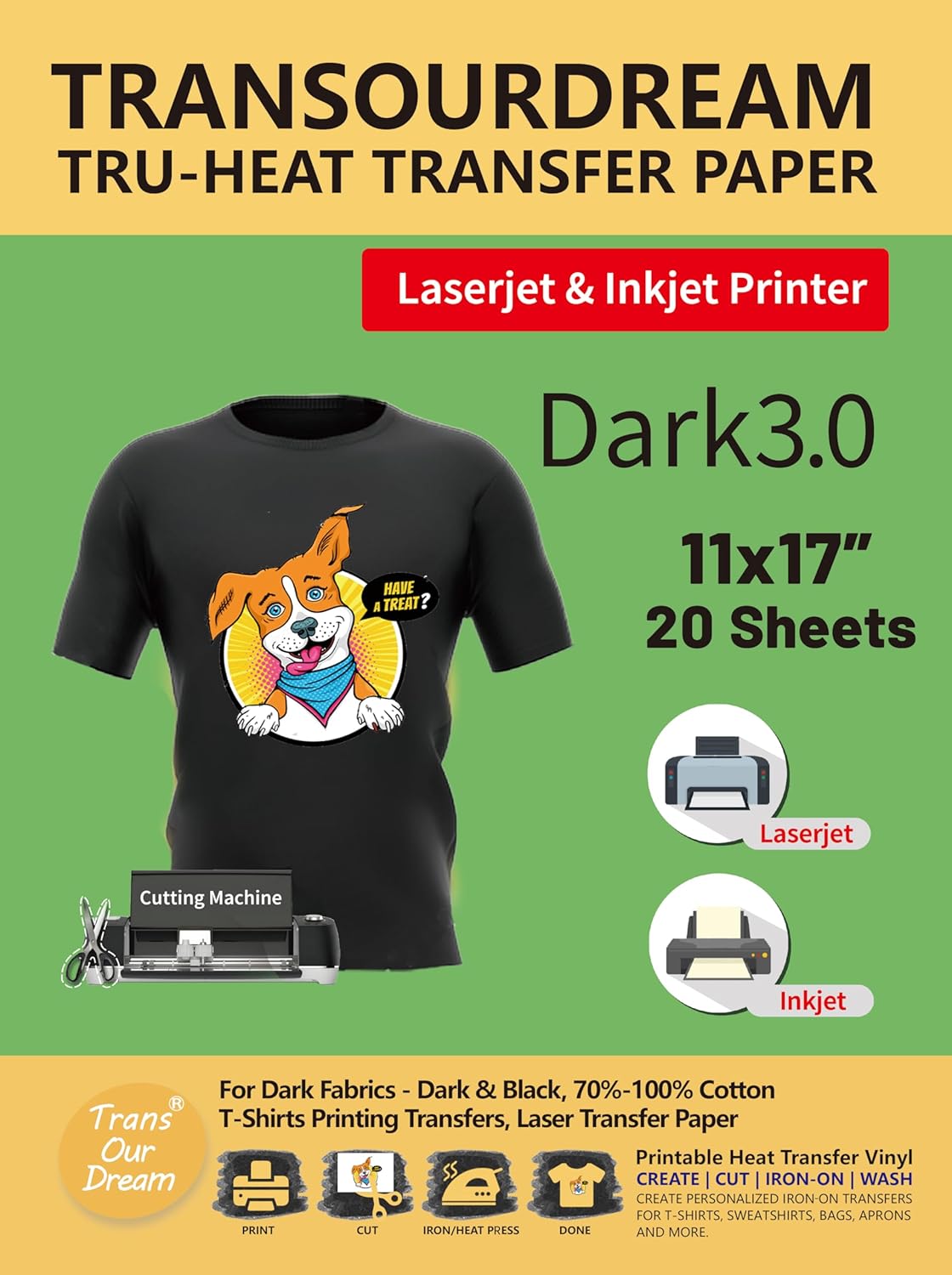 TransOurDream Iron on Heat Transfer Paper for Dark T Shirts (20 Sheets, 11x17", Dark 3.0) Printable HTV Heat Transfer Vinyl for LaserJet & Inkjet Printers