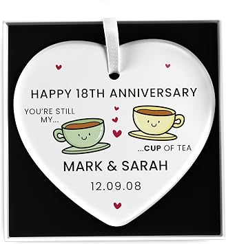 Beecreative Personalised 18th Wedding White Ceramic Hanging Ornament - Porcelain Anniversary Present - With Gift Box