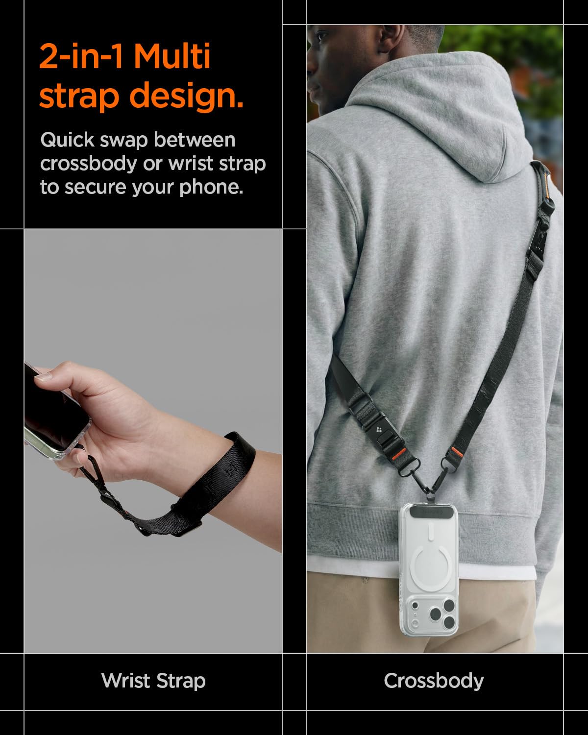 Spigen DA30M [Lanyard Magnetico 2-in-1 Staccabile] con Stile MOLLE – Compatibilità Universale, Tracolla e Cinturino da Polso Regolabili, Design Sicuro e Antifurto - Nero