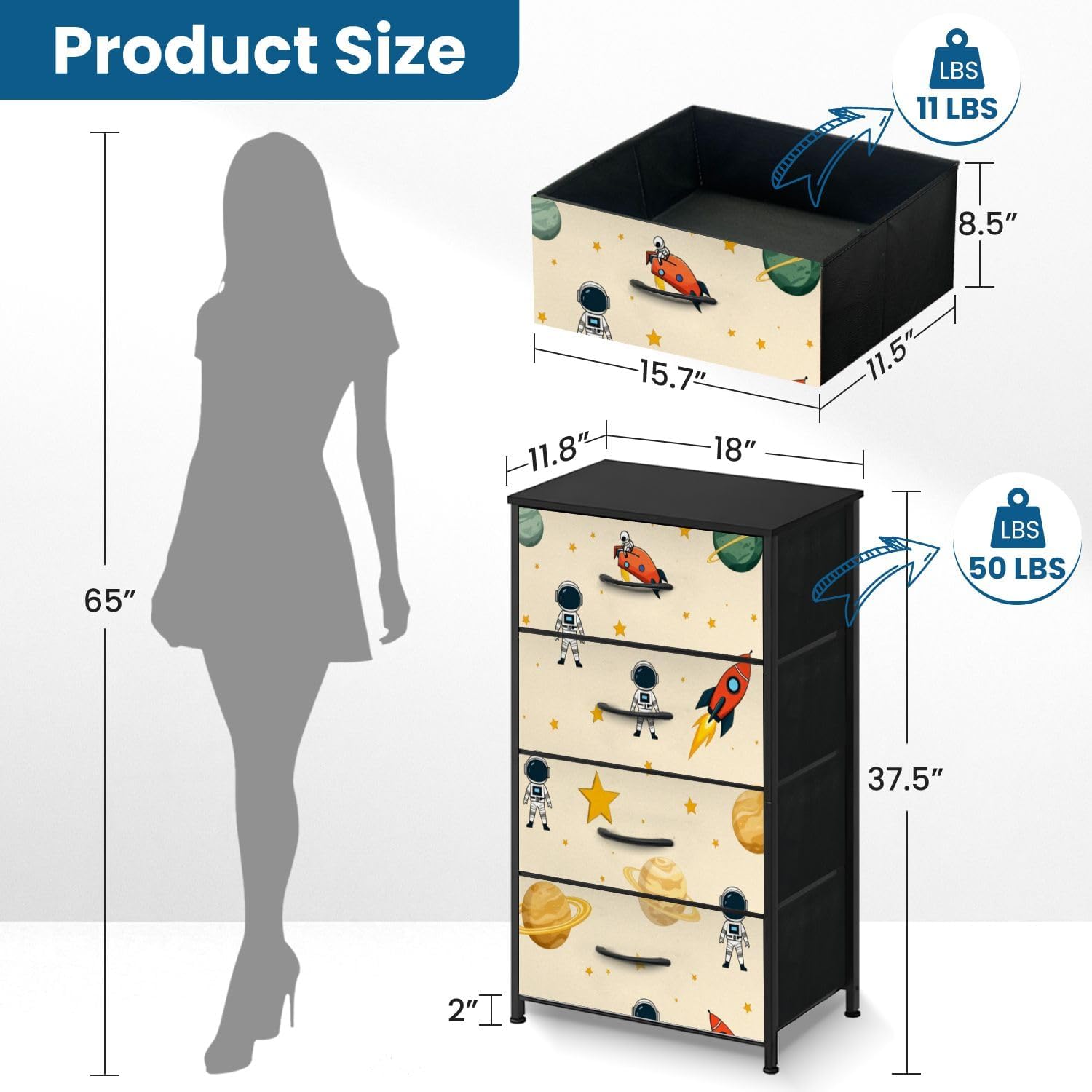 Dresser for Bedroom Dresser for Closet Space Adventure Astronauts Rockets Planets Nursery Dressers & Chests of Drawers Fabric Closet Organizers and Storage with 4 Drawers