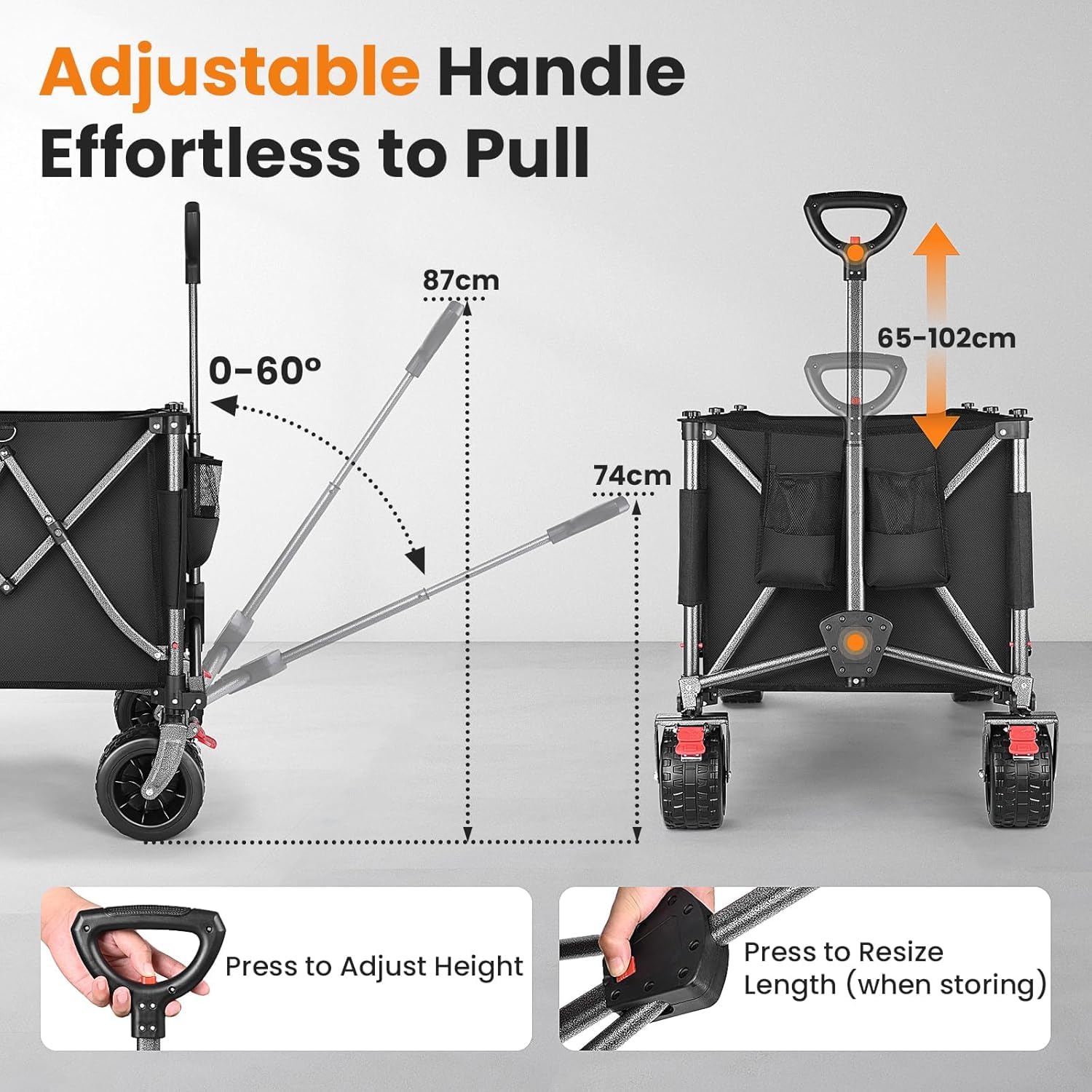YEAUPE PRO Carrello pieghevole in 4 direzioni con apertura laterale, portata 185 l, 150 kg, pieghevole, con freno di stazionamento e manico regolabile in altezza, per spiaggia, campeggio, giardino