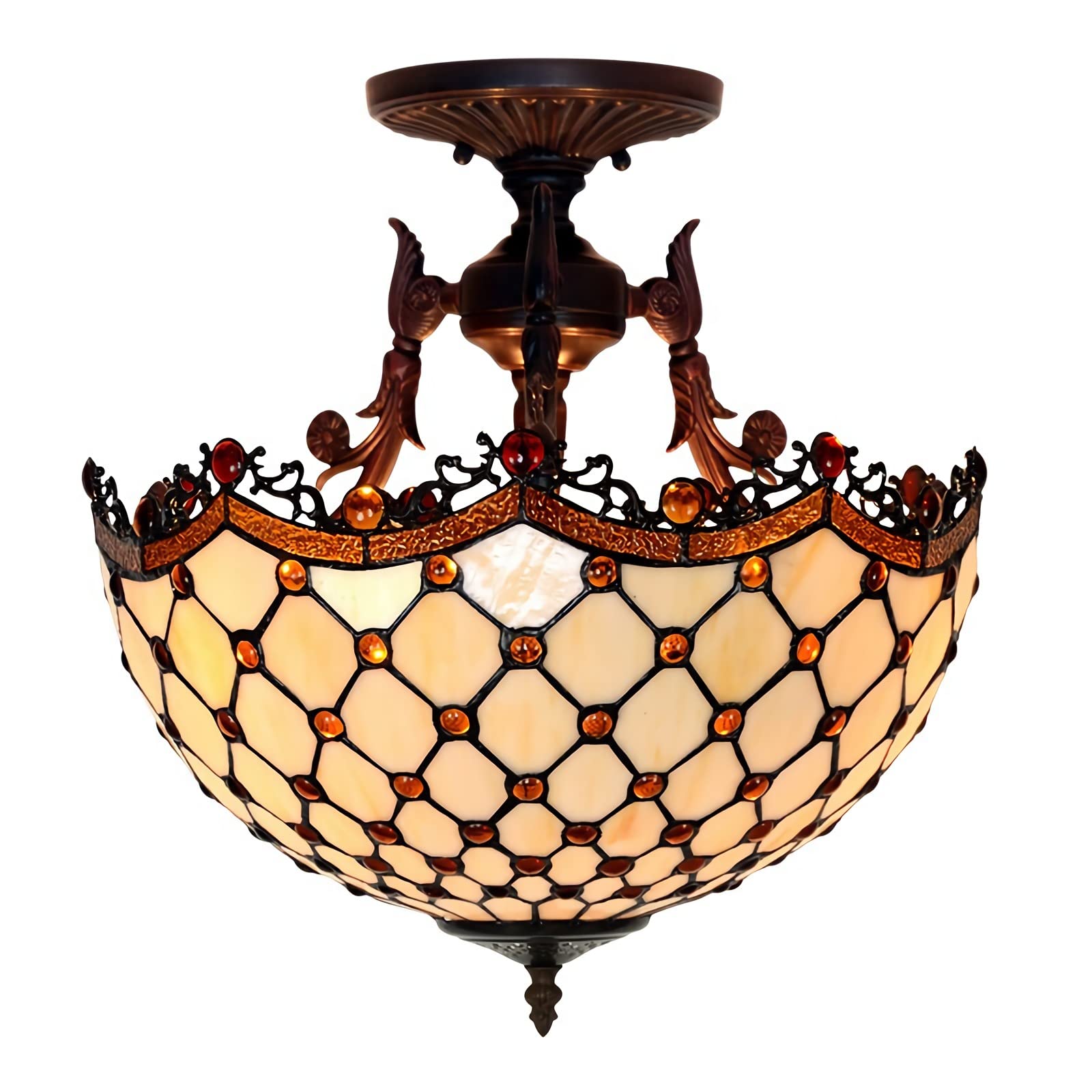 Plafonnier Tiffany semi-encastré style victorien rétro à 3 lumières